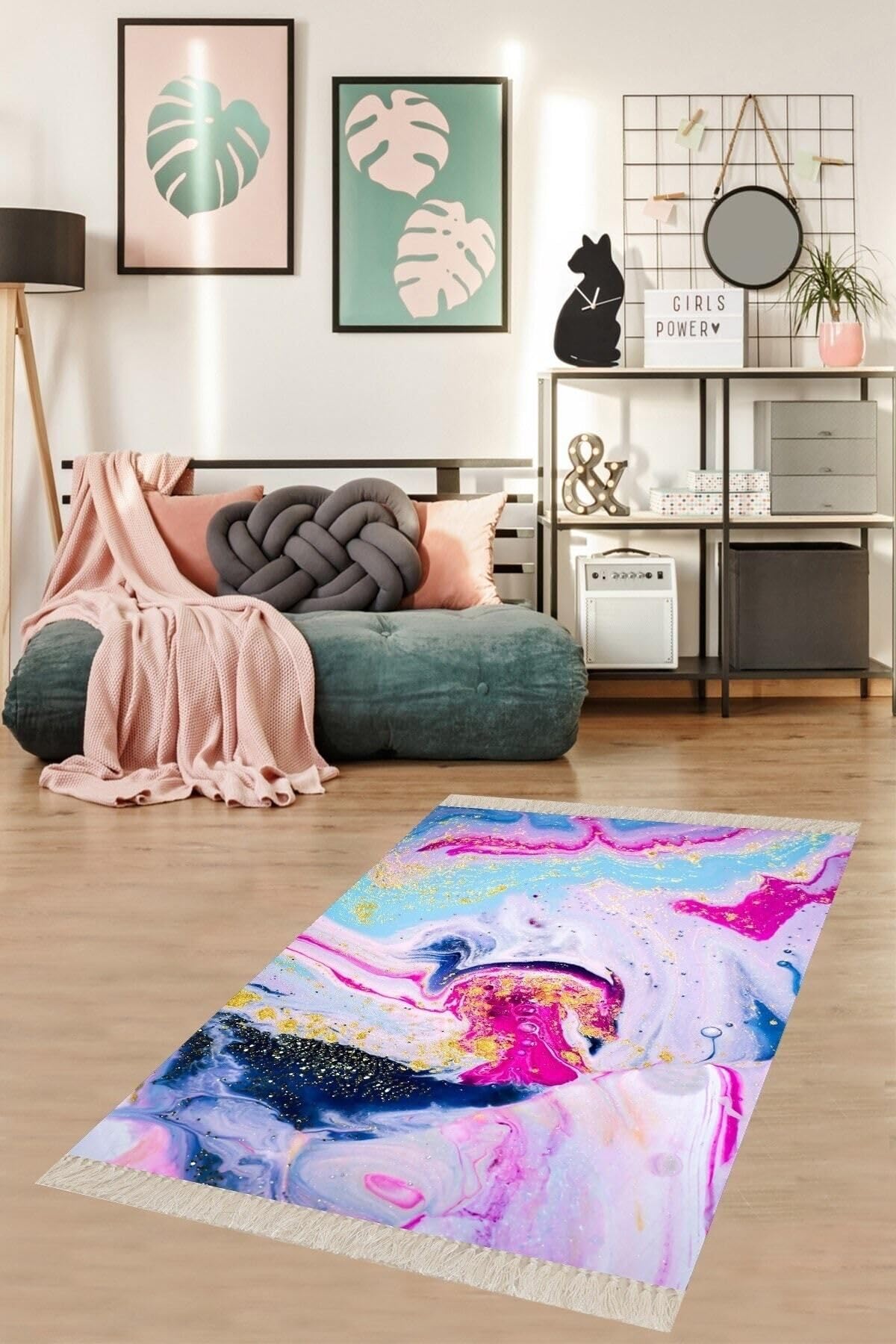 Pelangi Karışık Renk Paleti Dijital Baskı Yıkanabilir Kaymaz Taban Leke Tutmaz Modern Salon Halısı Ve Yolluk, Fuşya-Mavi 100 x 350
