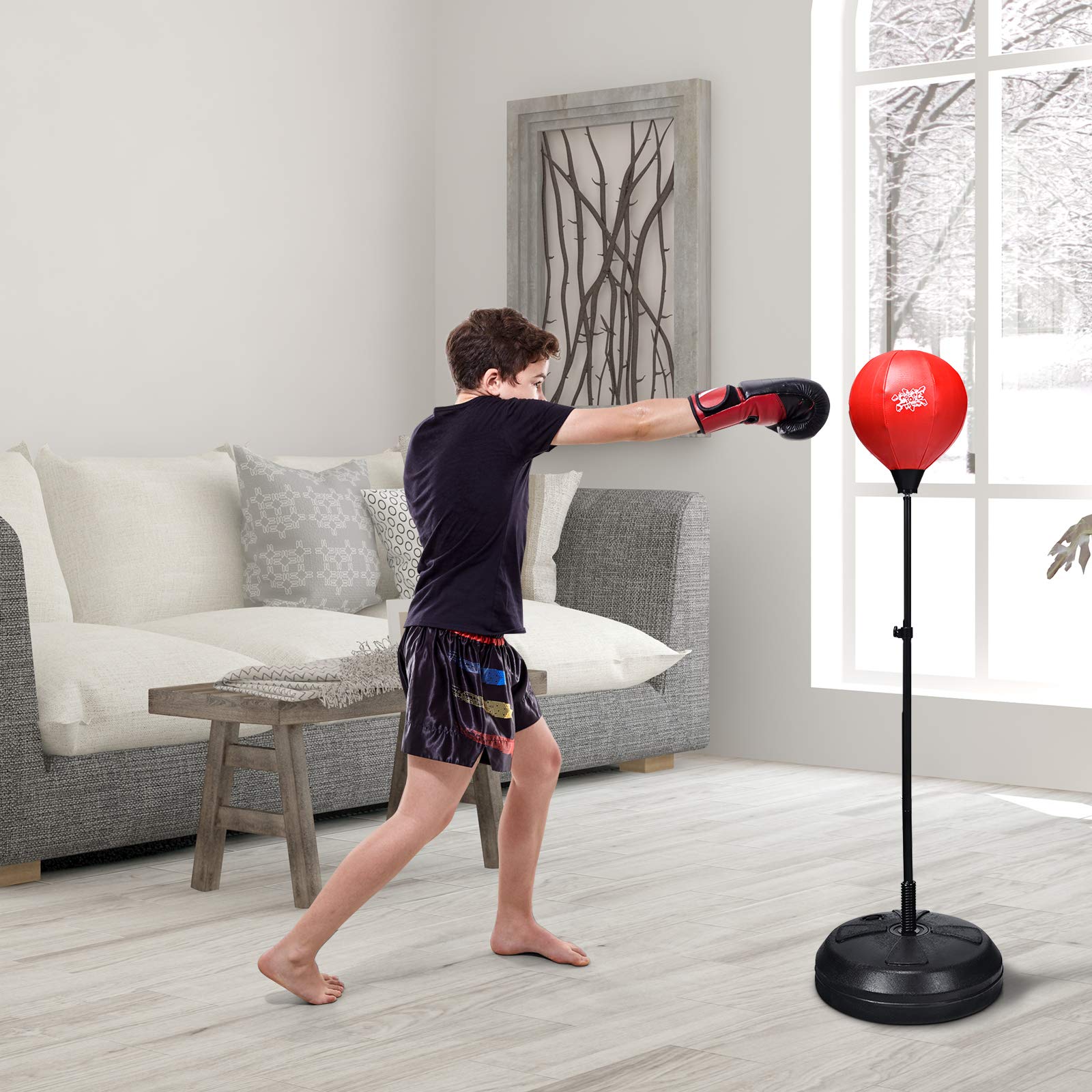 RELAX4LIFE Sacco da Boxe con Guantini per Adulti e Bambini - Punching Ball da Terra Altezza Regolabile da 120 a 154 cm, con Base Stabile Riempibile,Rosso Nero