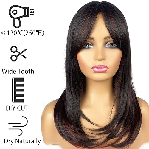 Miniatura 8 de Pelucas largas marrones para mujer, pelucas marrones con flequillo, peluca sintética de longitud al hombro en capas para fiestas diarias (20