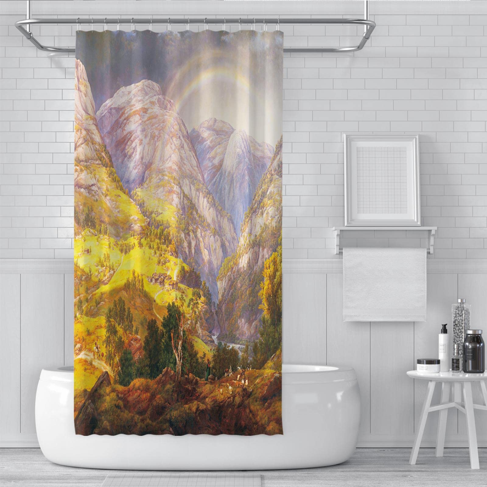 Berg Stoff Duschvorhang, Natur See Kiefern Wald Landschaft Tuch Duschvorhang Liner waschbar, Duschvorhang Haken 220Wx180Lcm