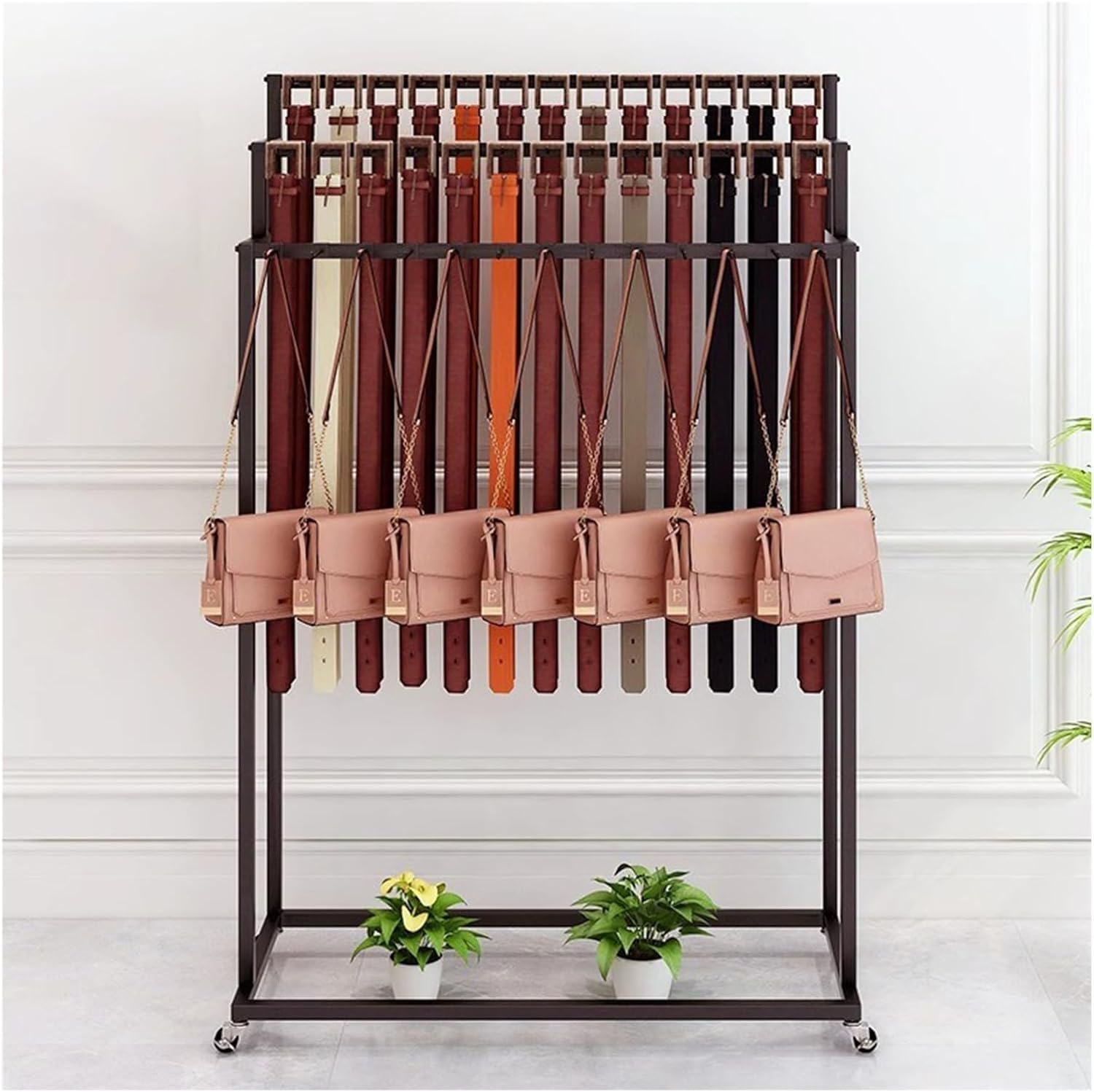 Commercial Metal Belt Hanger Freestanding, Portable Business Men Closet Lady Shawls Purse Storage Rack, with Wheels, Space Saving(White,with 30 Hooks)