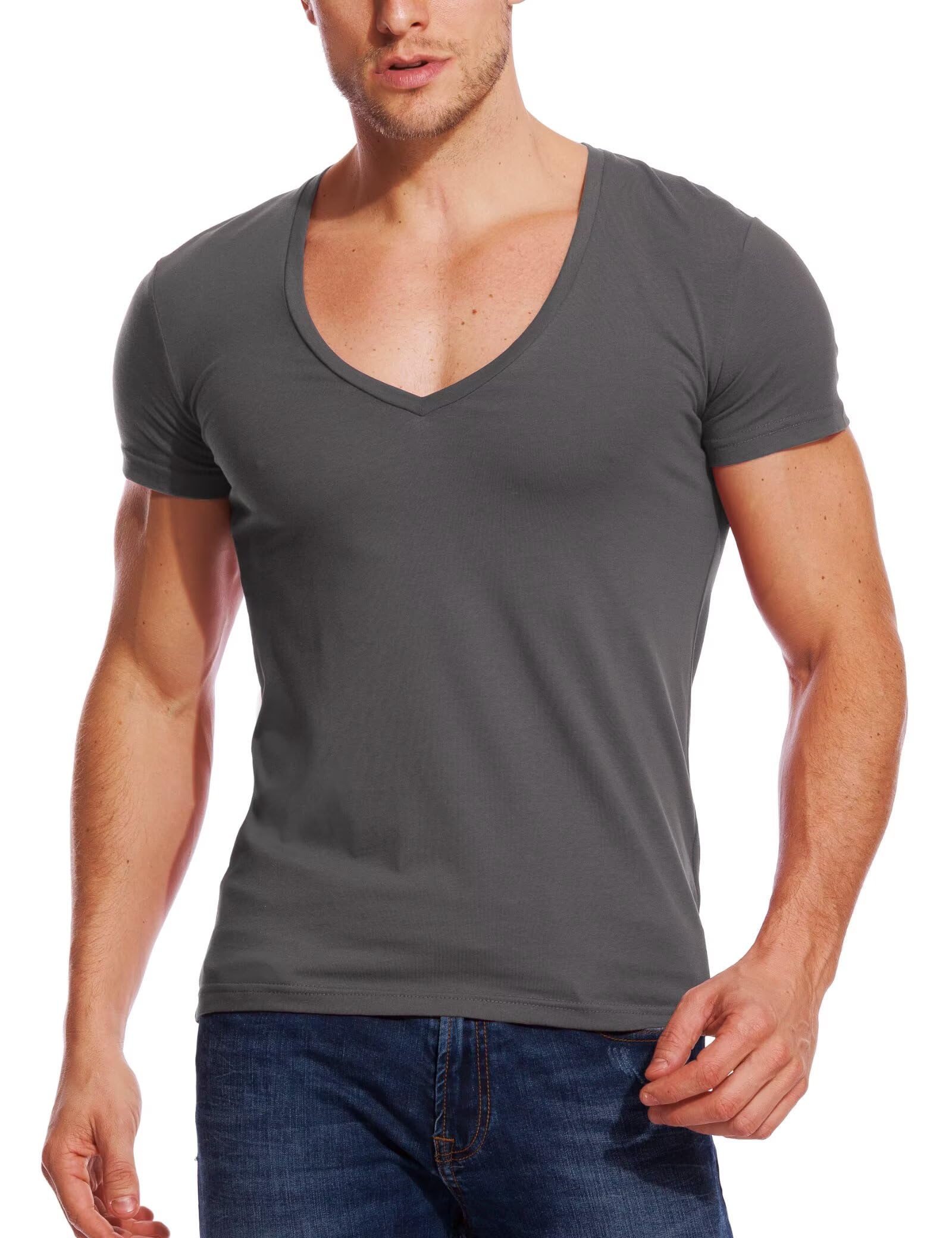Zecmos V Neck T Shirts Men Deep V Neck Tee Muscle Slim Fit Low Cut Stretch Tshirt