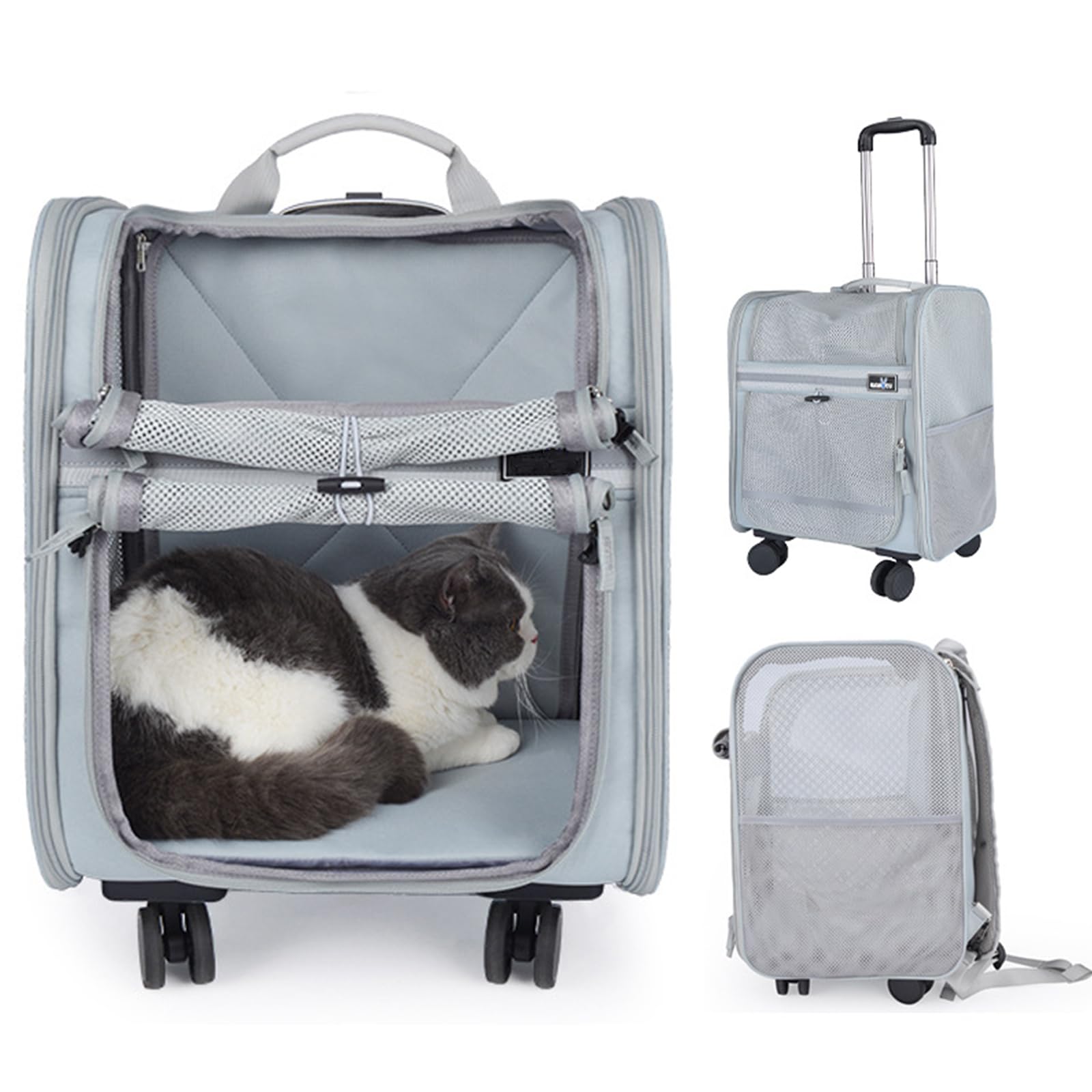 RUYICZB Transportin Gato con Ruedas, Mochila con Carrito para Mascotas, Transportin Gatos Perros De Menos De 8KG con Ruedas Y Varilla Telescópica, Bolsa Transporte De Viaje Transpirable