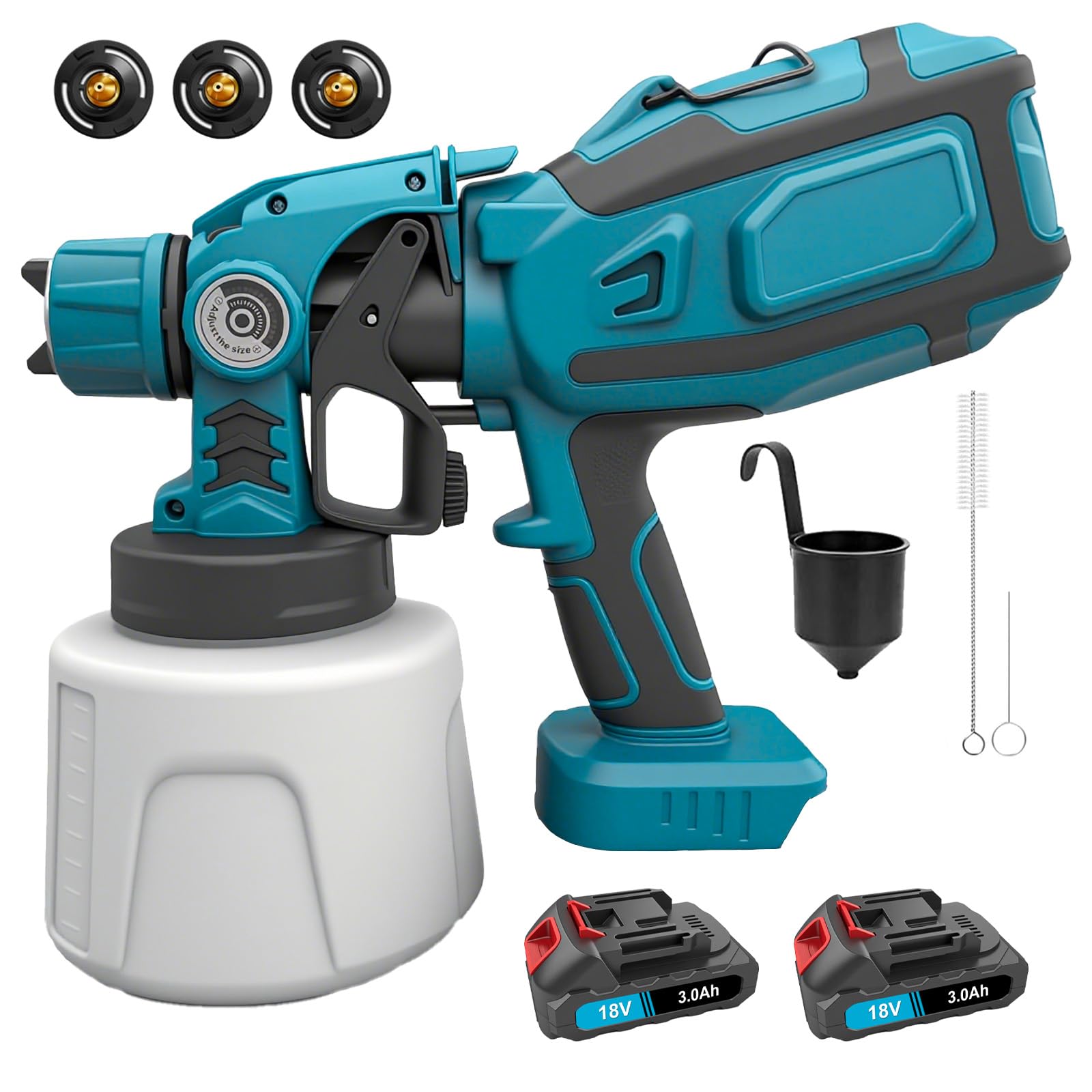 Pistola de pintura con batería, 18 V, 2 baterías de 3000 mAh y cargador, depósito grande de 1400 ml, 3 boquillas (1,0/1,8/2,5 mm), 3 patrones de pulverización, control de flujo variable, ideal para
