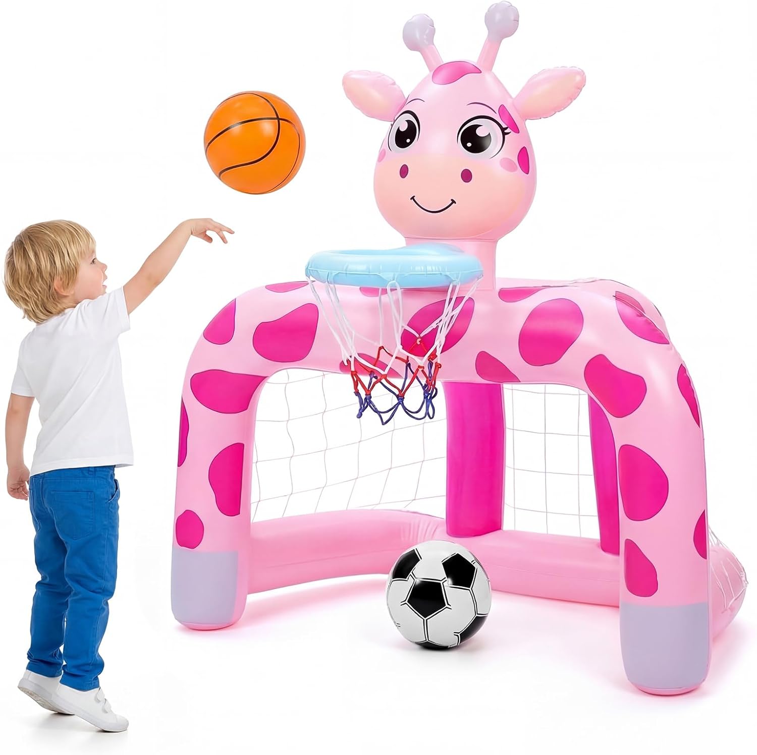 Soulchen 1 Set 2 in 1 Inflatable Toddler Basketball Hoop Soccer Goal Set, Giraffe Indoor Outdoor Sports Activity Center Toys for Kids, Baby Toddlers Birthday Gift for 1 2 3 4 5 Year Old Boys Girls