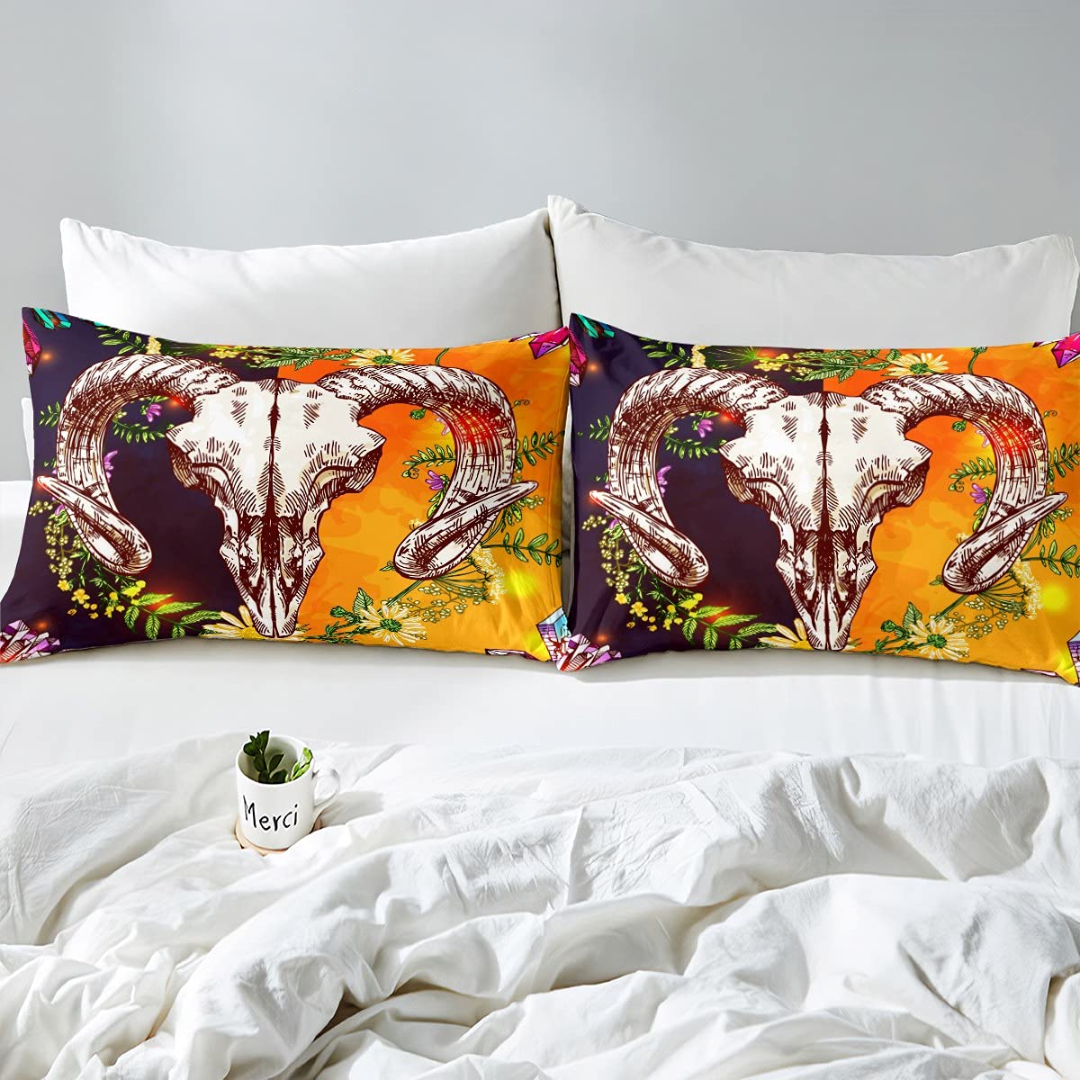Home - Juego de ropa de cama para cama de matrimonio, diseño de calavera de oveja, color azul y dorado