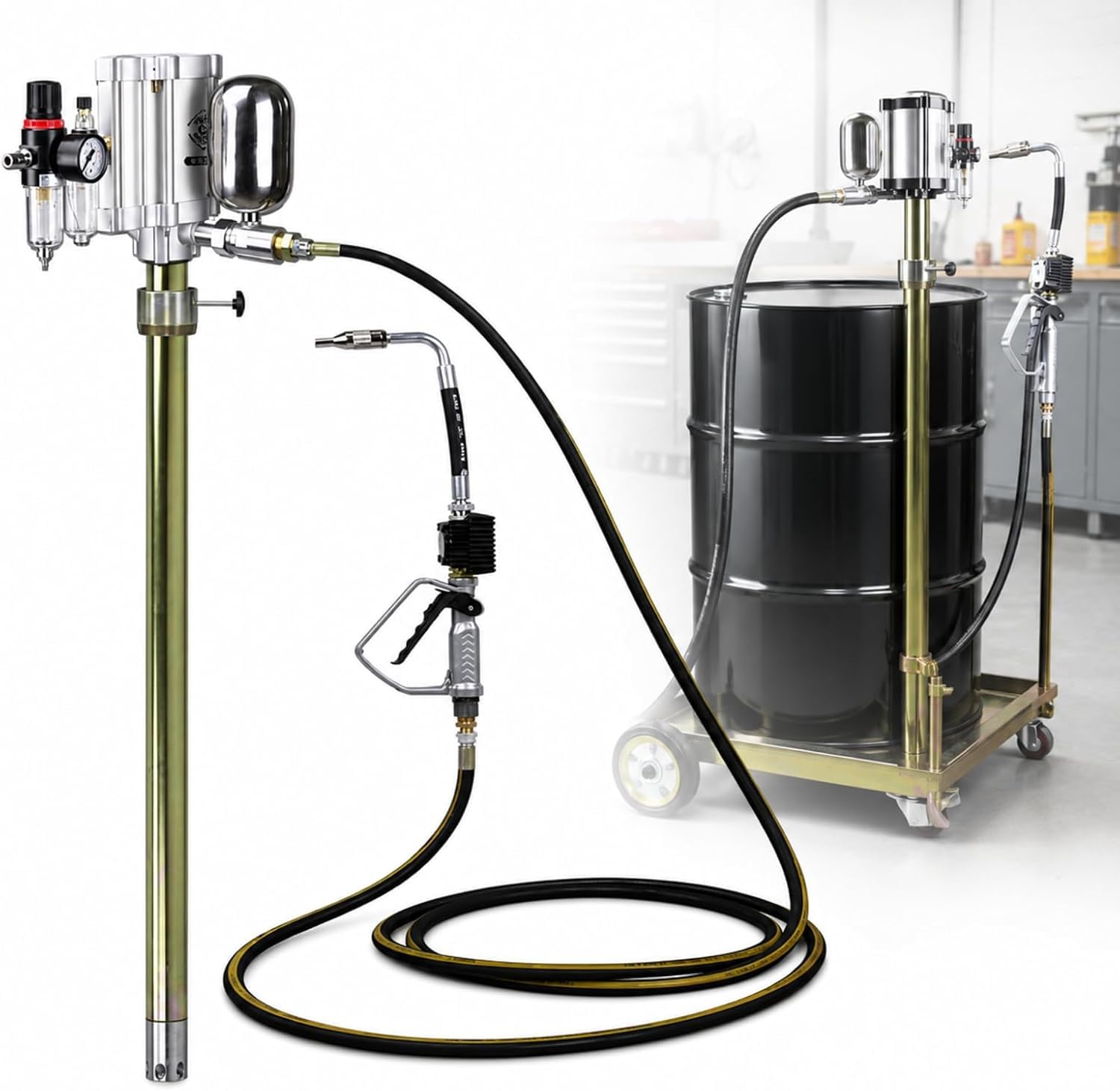 Bomba Neumática para Bidones De Aceite De 200 L, Bomba Dosificadora Neumática A Presión con Manguera De Aceite De 4,5 M + Pistola Dosificadora De Aceite, Caudal: 6-10 L/min, Viscosidad: 85-95