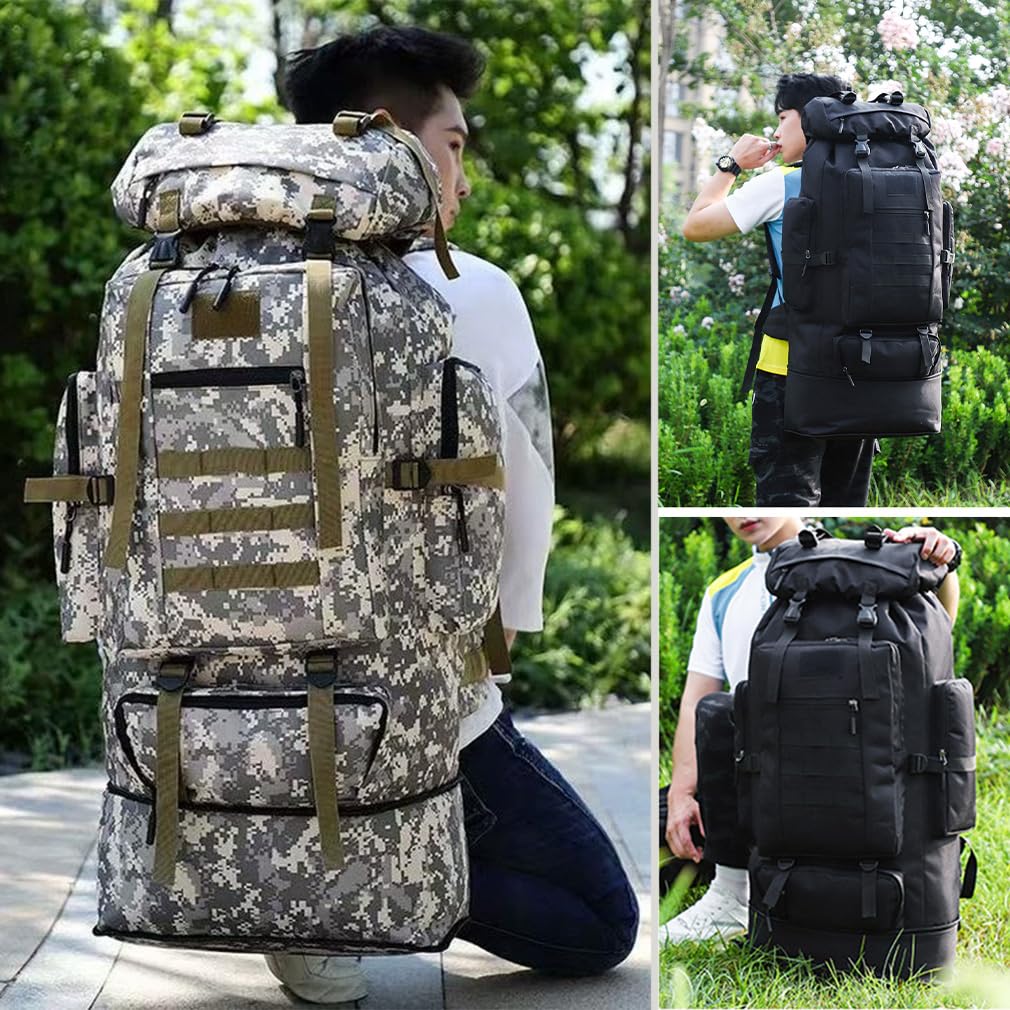 Mochila de senderismo 100L Mochila de senderismo de gran capacidad Mochila universal al aire libre Mochila de camping deportes Mochila de viaje Daypack para hombres mujeres (camuflaje de la selva),