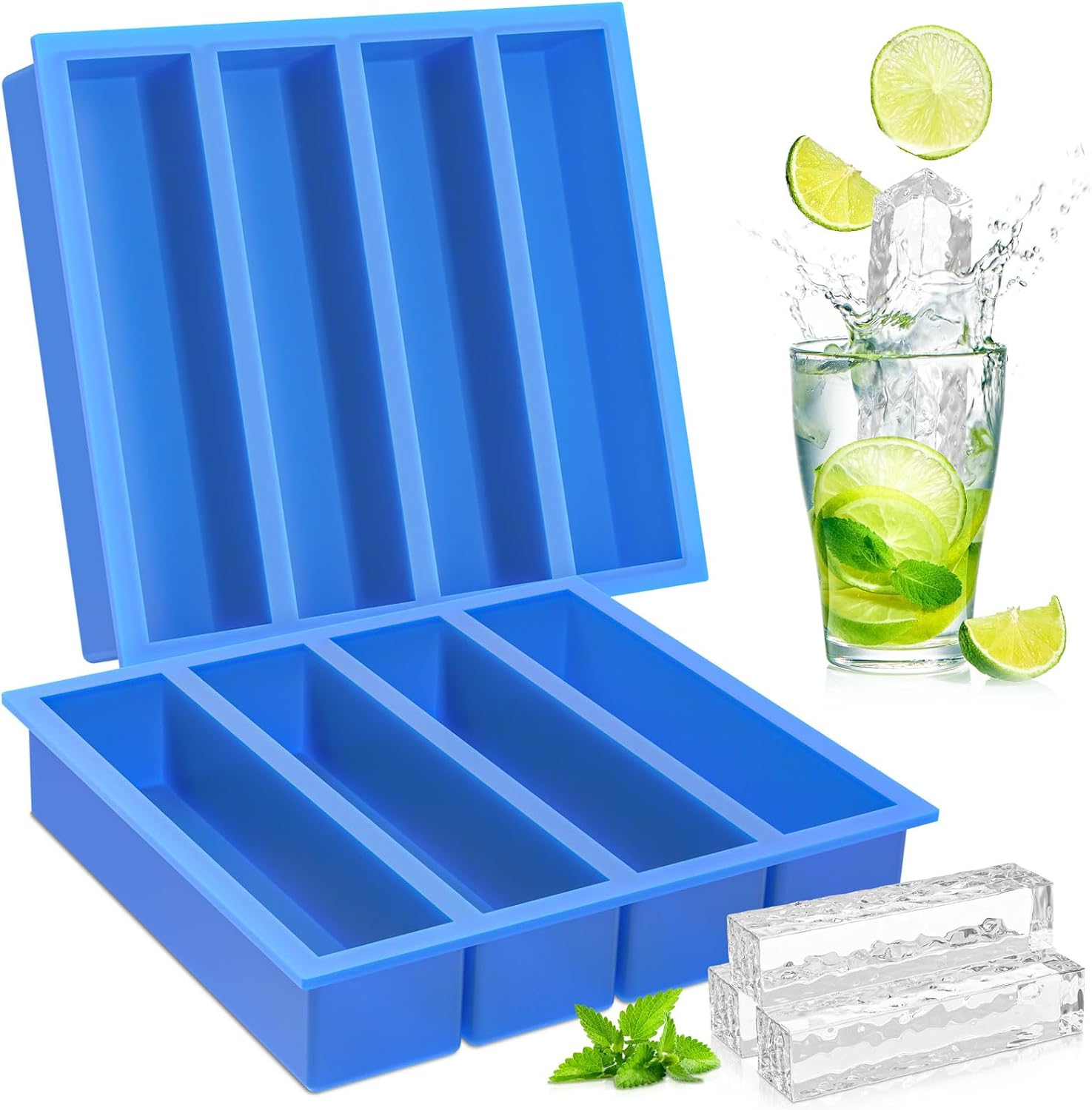 Large Ice Cube Molds, Silicone Ice Cube Trays with Easy Release Ice Cubes for Whiskey, Butter Mold, Set of 2 Blue