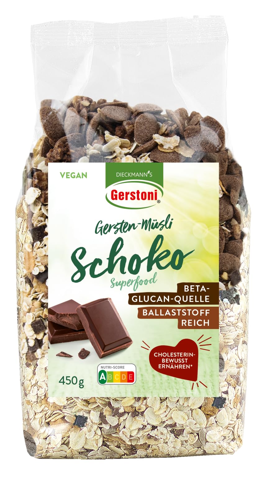 Gerstoni Gersten-Müsli Schoko (12x450g) - schokoladig & lecker, nicht süß - Schokomüsli mit hohem Ballaststoffgehalt & feinen Premium-Gerstenflocken - natürl. Quelle von Beta-Glucan - Fitness-Boost
