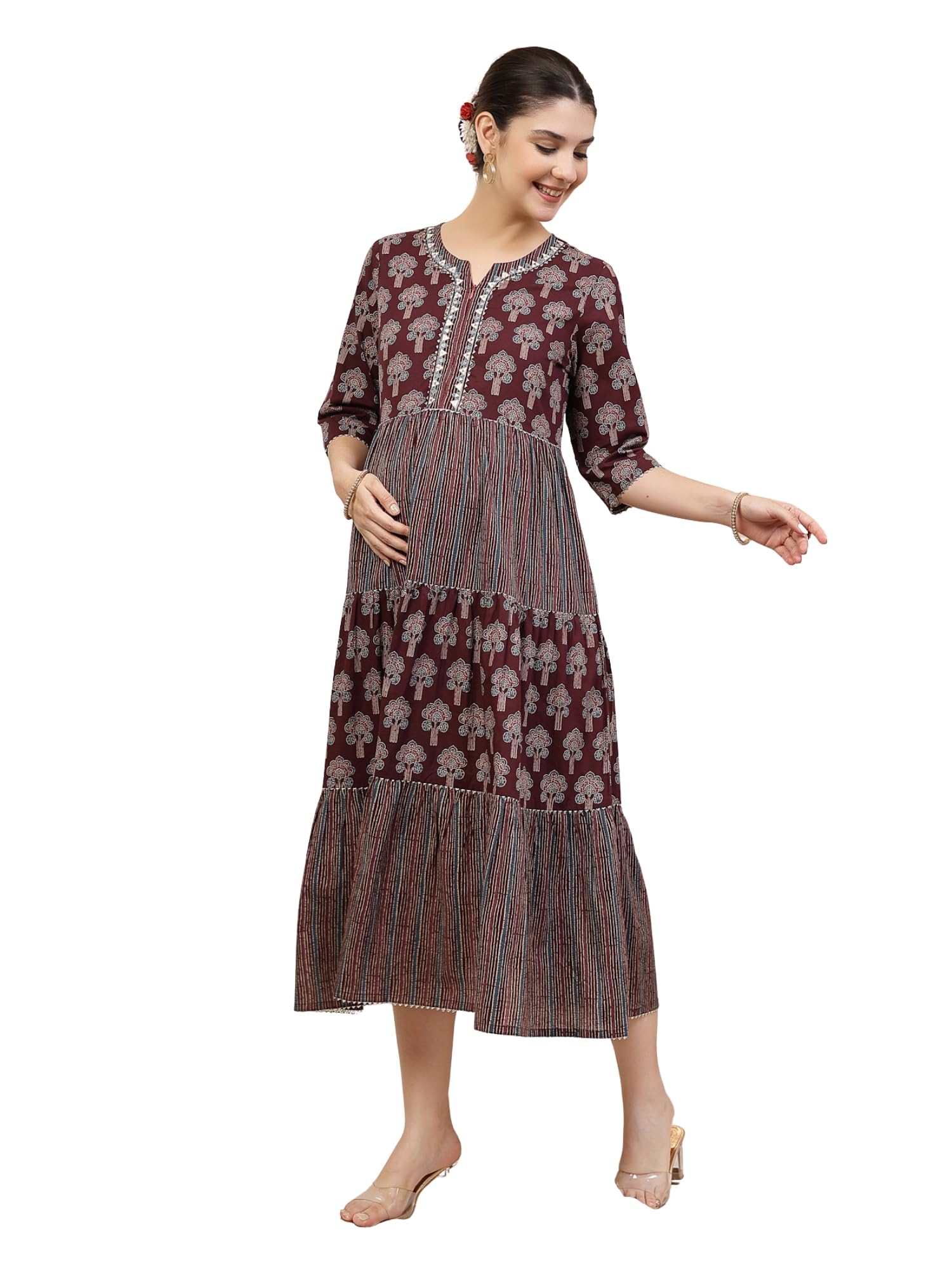 Ethnic Cotton Tiered Maternity & Nursing Kurti | 100% Cotton Kurta with Concealed Zip Feeding Access & Pocket | Pregnancy & Postpartum Friendly-image-38