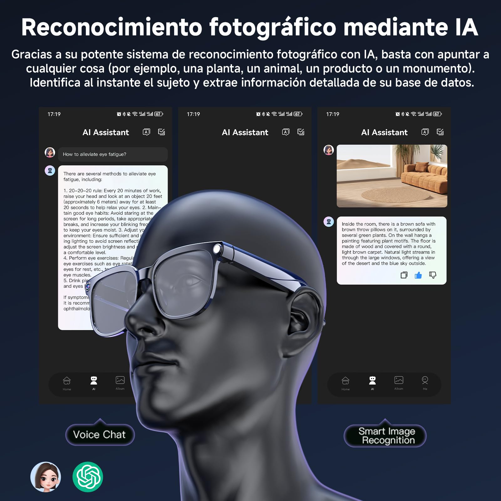 Gafas Inteligentes IA, Smart Glasses con Camara 4K, Dos Pares de Lentes, vídeo HD 1080p y Grabación de Audio con Estabilización de Imagen, Reproducción de Música y Traducción en Tiempo Real