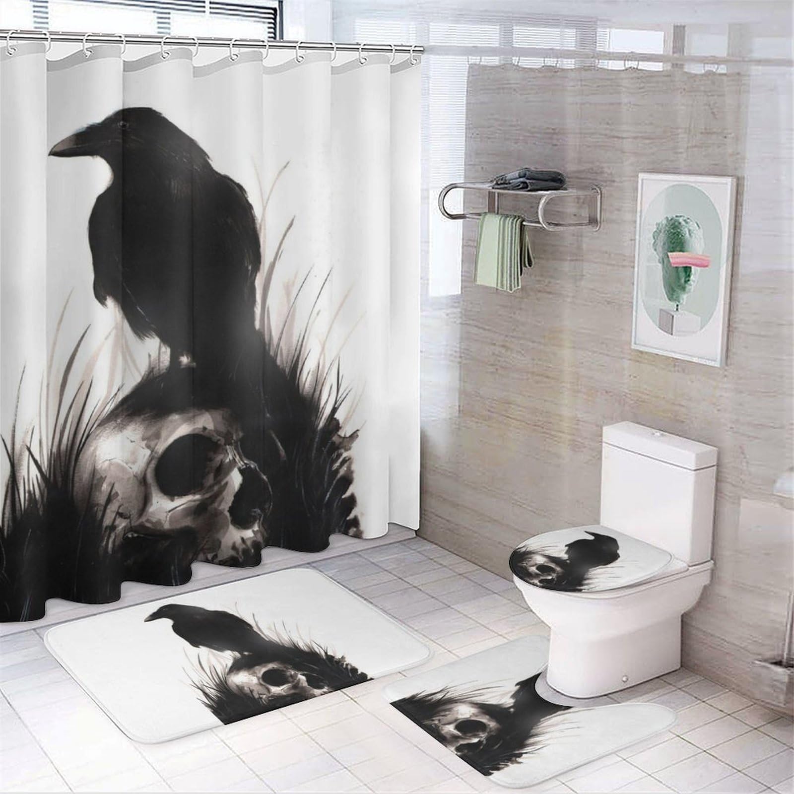 JiuPopular Bathroom Mat Set 4 Piece, Halloween Skull Raven Shower Curtain with Non-Slip Bath Mats for Bathroom