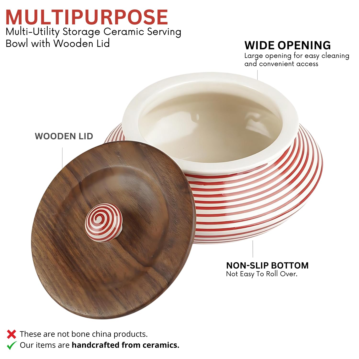 VarEesha Hand Painted Parikrama Red Spiral Large Ceramic Handi Bowl with Wooden Lid| Stoneware Handi for Serving Biryani, Dal| Dahi Handi| Microwave and Dishwasher Safe Serving Bowl with Lid|1000 ML 2