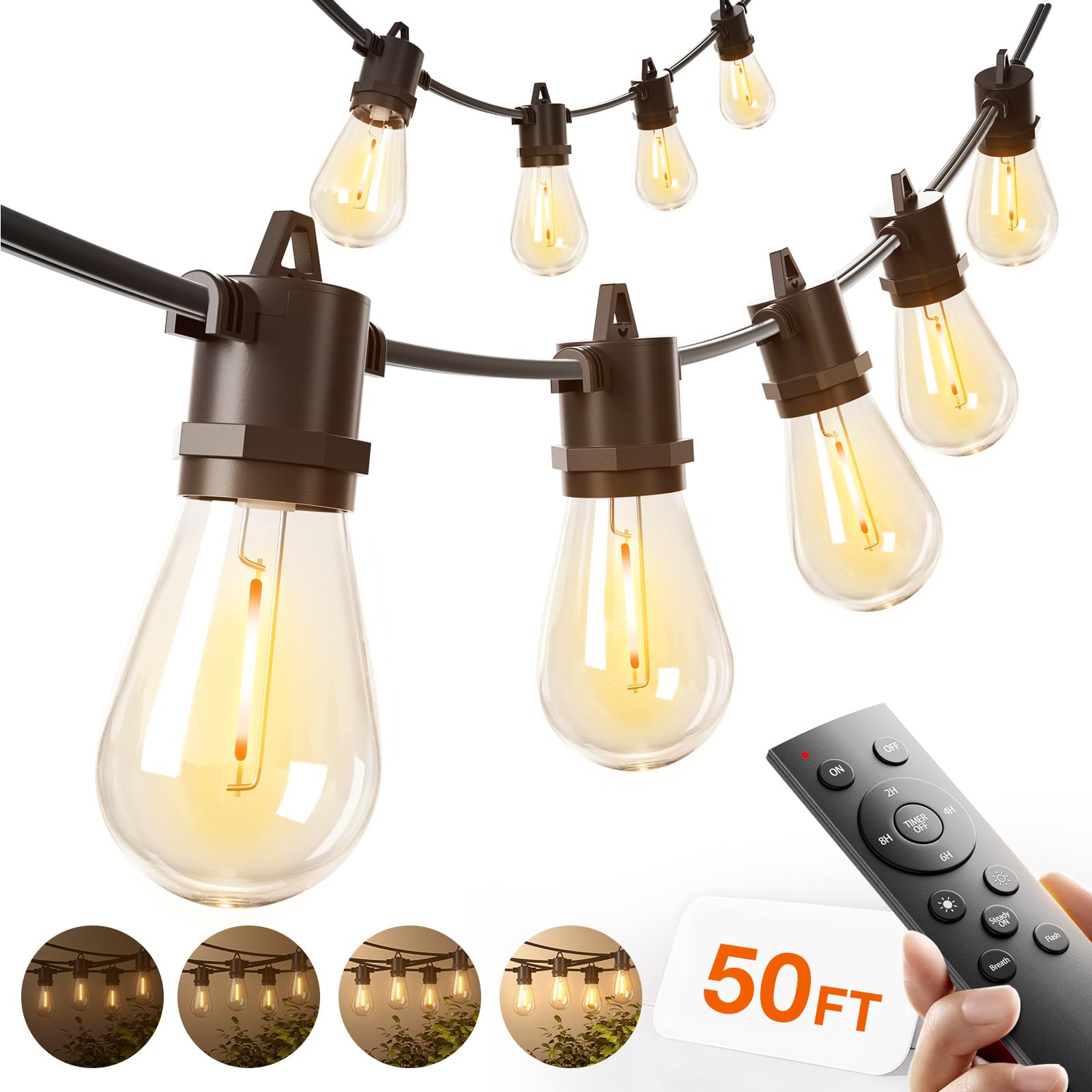 addlon 50FT LED Outdoor String Lights, Remote Dimmable Patio Lights with Timer & 3 Lighting Modes, 16 Shatterproof Edison Bulbs, Waterproof Connectable String Lights for Outside Backyard Party Décor