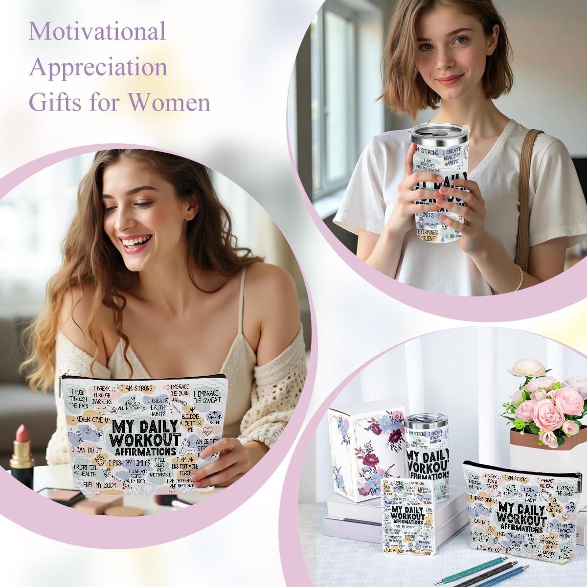 Daily Affirmations for Women Workout Encouragement Mental Health Inspirational Gifts for Women Coworker Boss Birthday Friendship Christmas, Office 6PCS 20oz Tumbler Makeup Bag Ballpoint Pen Notebook