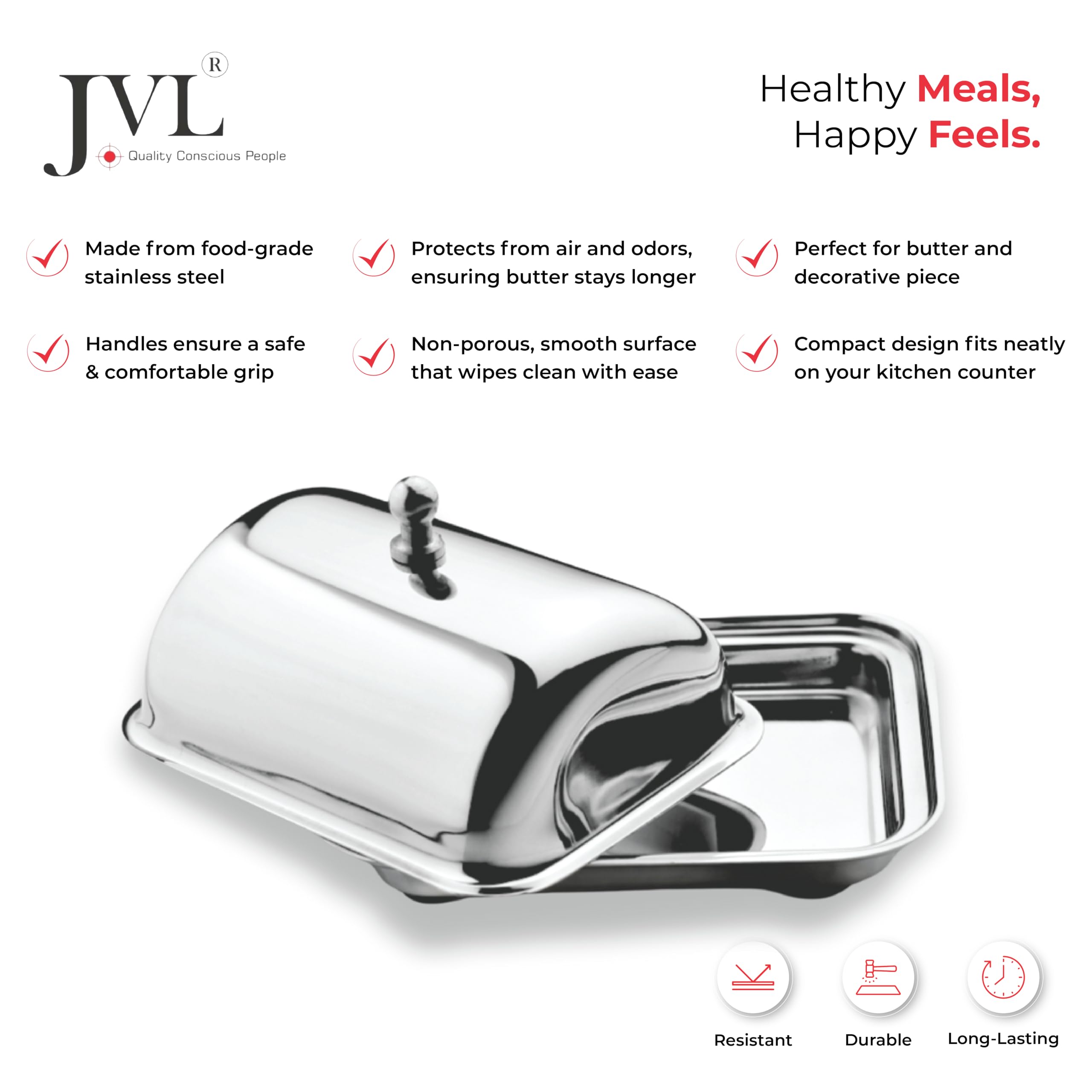 JVL Stainless Steel Butter Dish with Lid & Knob, Anti-Slip Base, Hygienic, Rust-Resistant Butter Container for Refrigerator & Table Use - 250g 4