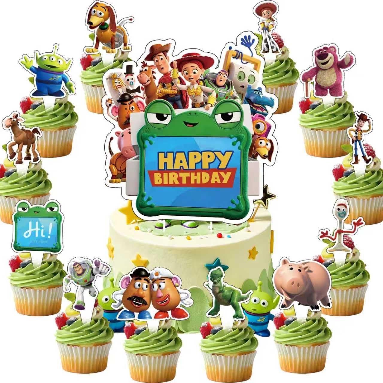 25Pcs For Toy Story Cake Decorations with 24pcs Cupcake Toppers, 1pcs Happy Birthday Cake Topper, Cartoon Themed Party Supplies, Perfect for Birthday Party Decorations