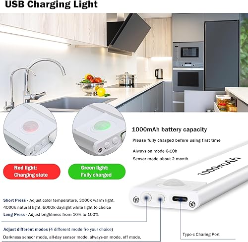 Miniatura 5 de HengBo - Luz con sensor de movimiento, 54 LED recargable por USB, luz debajo del gabinete, 3 temperaturas de color, luz de armario regulable,