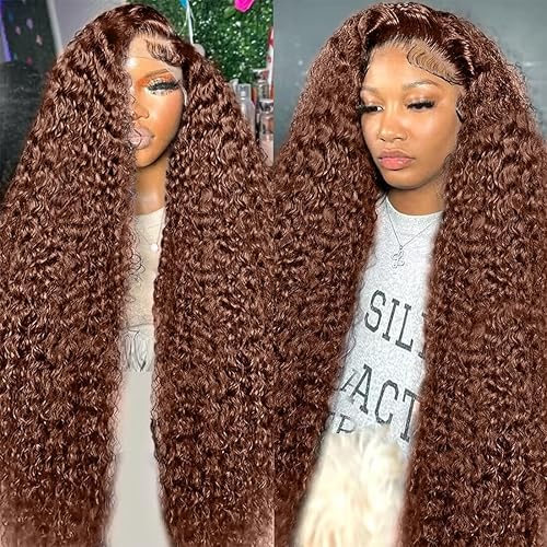 Mongolian Curly Lace Front Wigs Human Hair 200% Density 13x6 Auburn Brown HD Transparent Lace Front Wigs Human Hair for Women With Baby Hair Chocolate Brown Deep Curly Wig