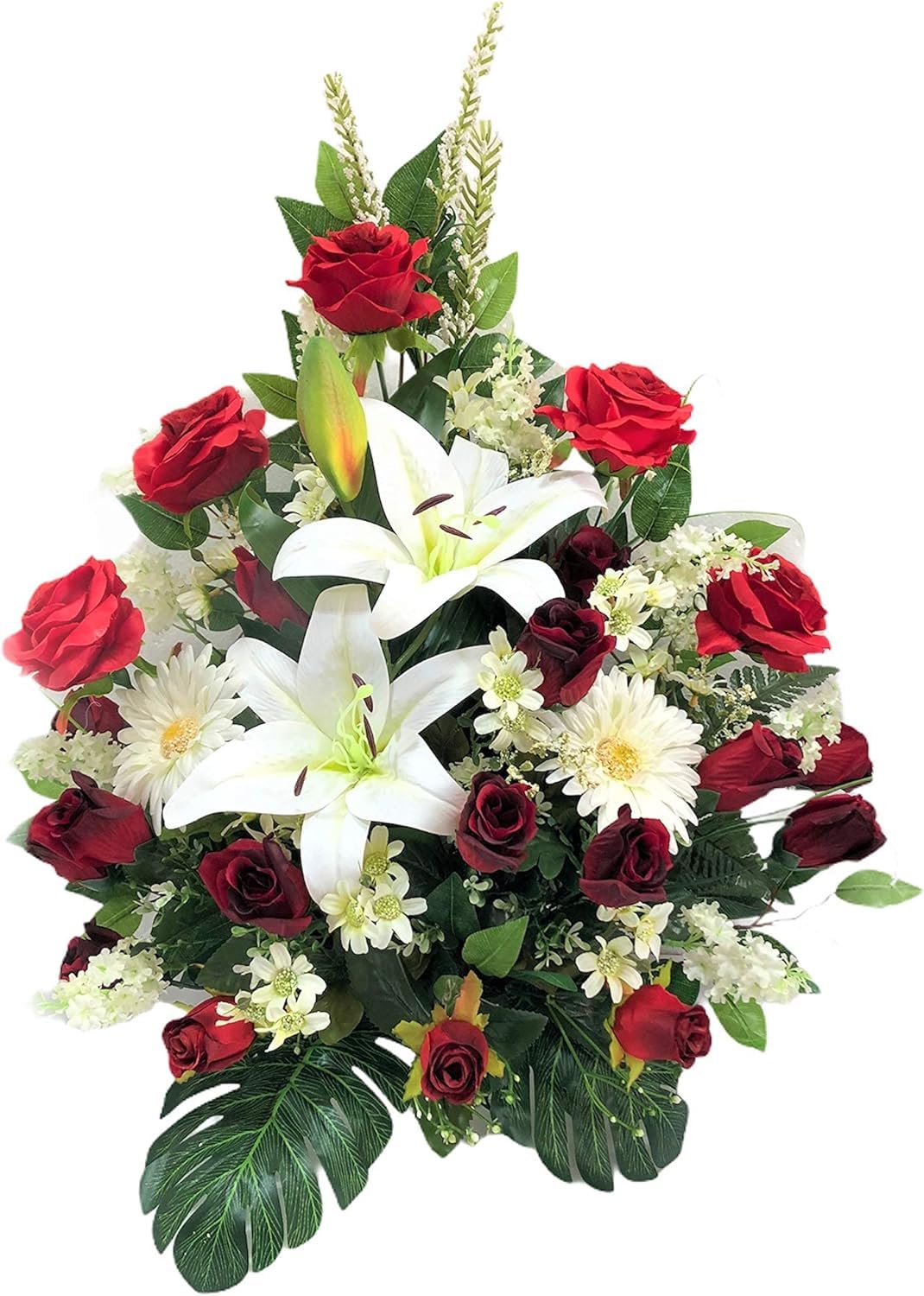 Centre de Fleurs Artificielles LBA pour Cimetière et Églises - Blanc, Rouge, Vert - Résistant aux Intempéries - 70 x 65 x 35 cm