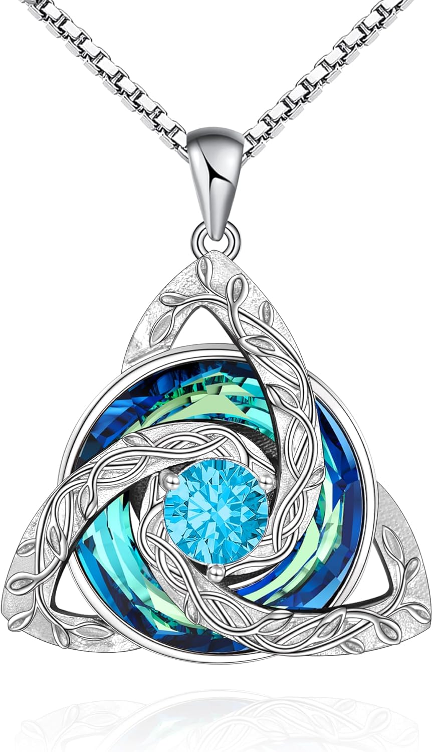 Distance Celtic Birthstone Necklace for Women, S925 Sterling Silver Trinity Knot Triquetra Austria Crystal Pendant, Birthstone Necklace Birthday Anniversary Jewelry Irish Scottish Gifts for Her