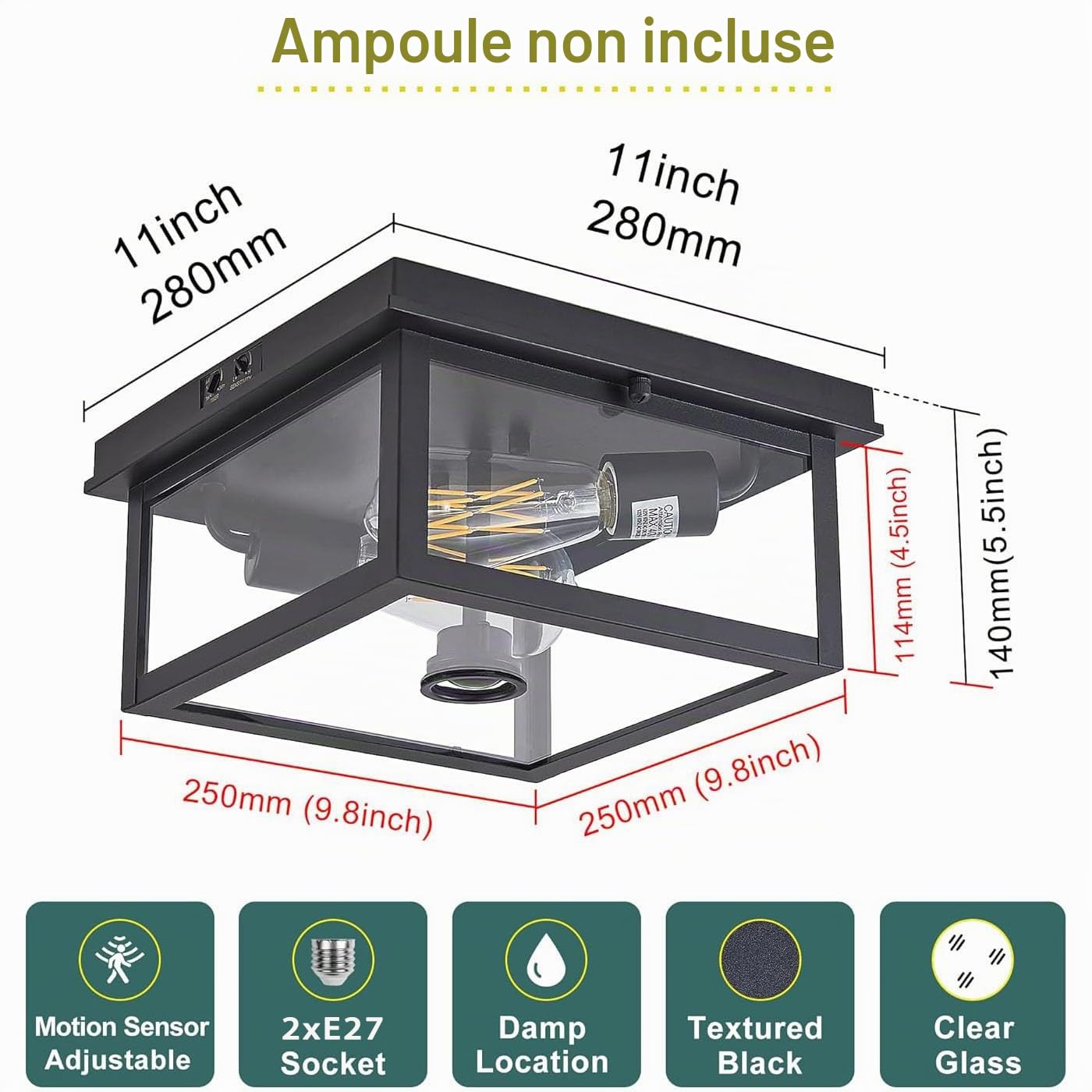 plafonnier E27 exterieur avec detecteur de mouvement Lampe de Plafond en Verre avec Capteur Crepusculaire IP65 Étanche Lumières de Plafond pour Porte d'entrée Balcon Terrasse (ampoule non comprise)