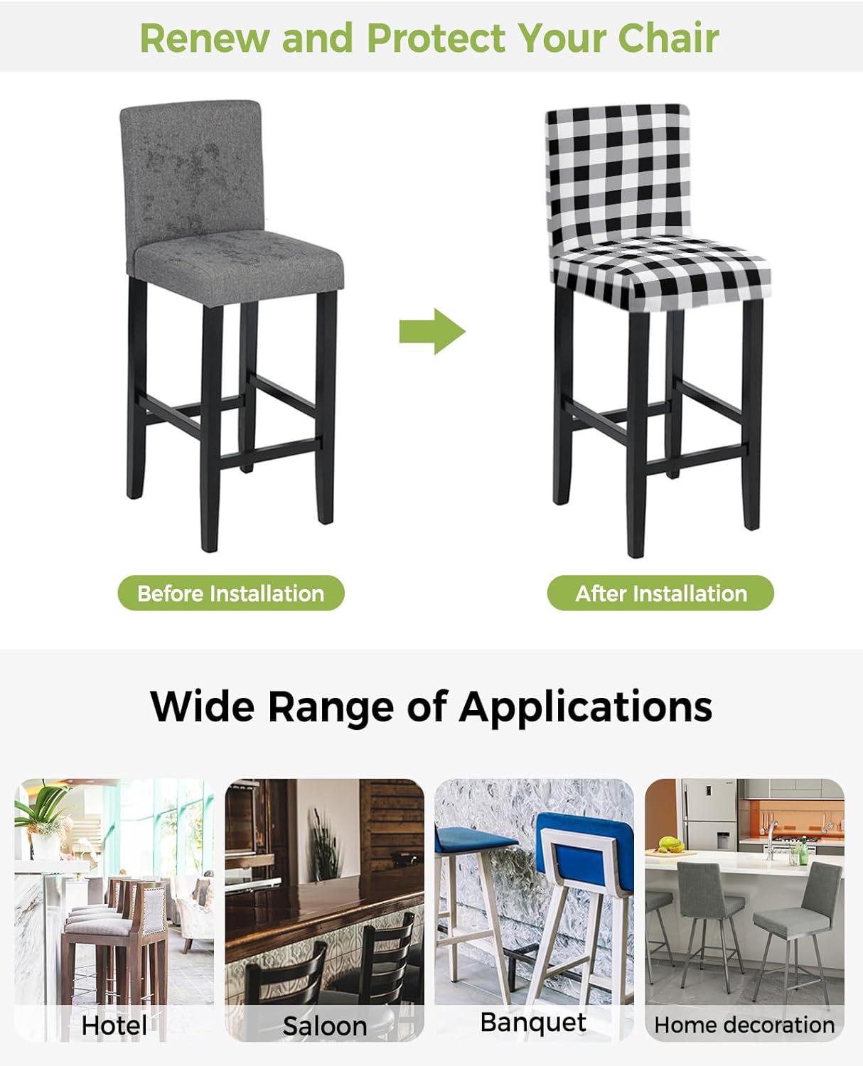 Vintage Bar Stool Covers with Backs, Stretch Washable Bar Stool Chair Cover Farmhouse Black White Buffalo Check Plaid Slipcovers Counter Stool High Chair Covers for Pub, Dining Room, Cafe, Set of 4