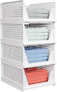 4-Pack Stackable Closet Storage Baskets - Foldable Multifunctional Bins for Clothes, Shoes, Hats | Space-Saving White Organizers