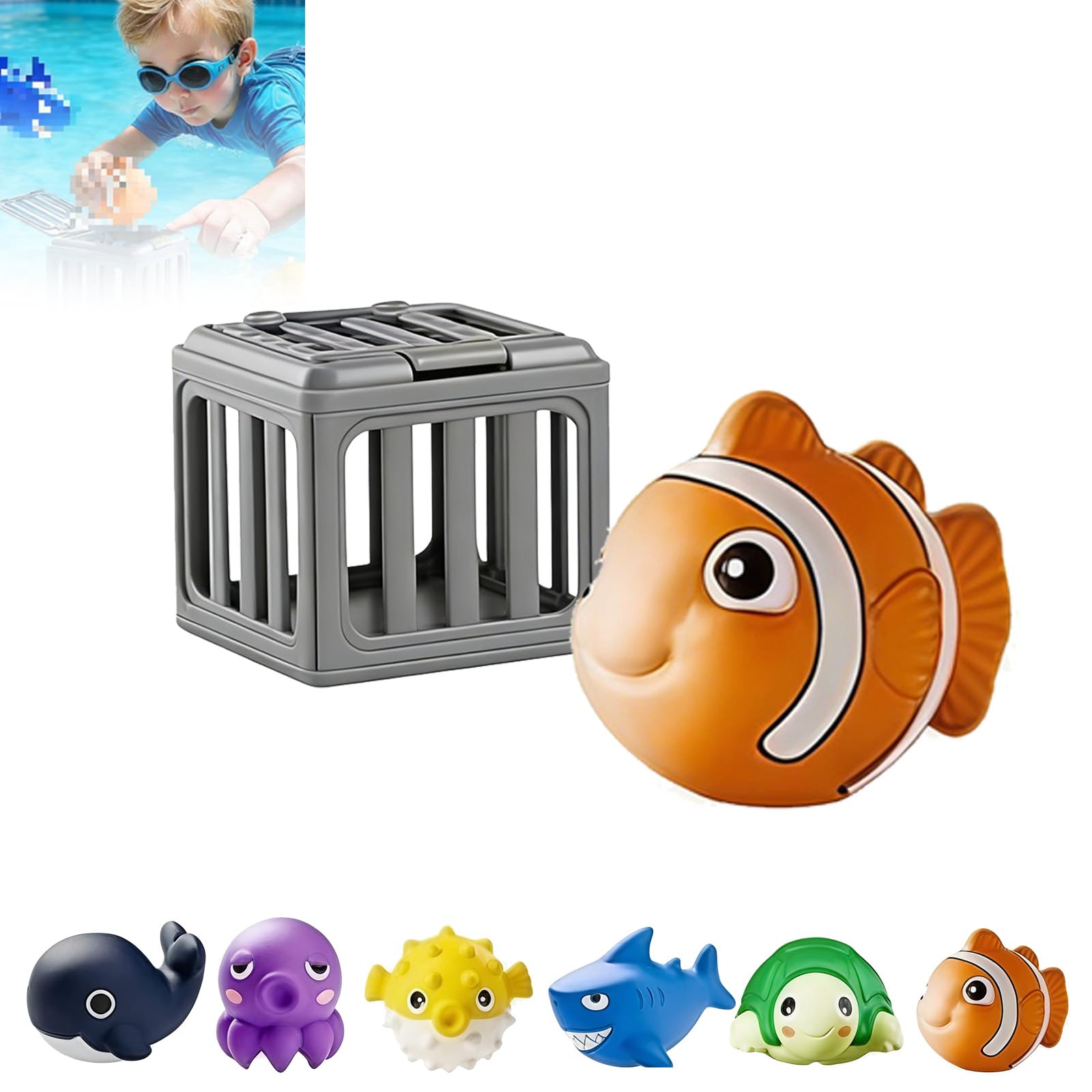 Kryilut Underwater Dive Rescue Toys, Cage Pool Toys with Animals Floating, Pool Diving Toys with Storage Fish Box, Colorful Animal Pool Sinkies Swimming Training Game for Boys and Girls (E)