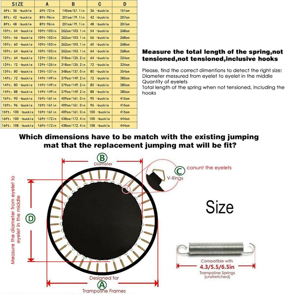 CIRONI Trampoline Replacement Jump Mat Replacement Pad Trampoline Jump Cloth 6FT 8FT 10FT 12FT 13FT 14FT 15FT 16FT Black Round Trampolines Mat