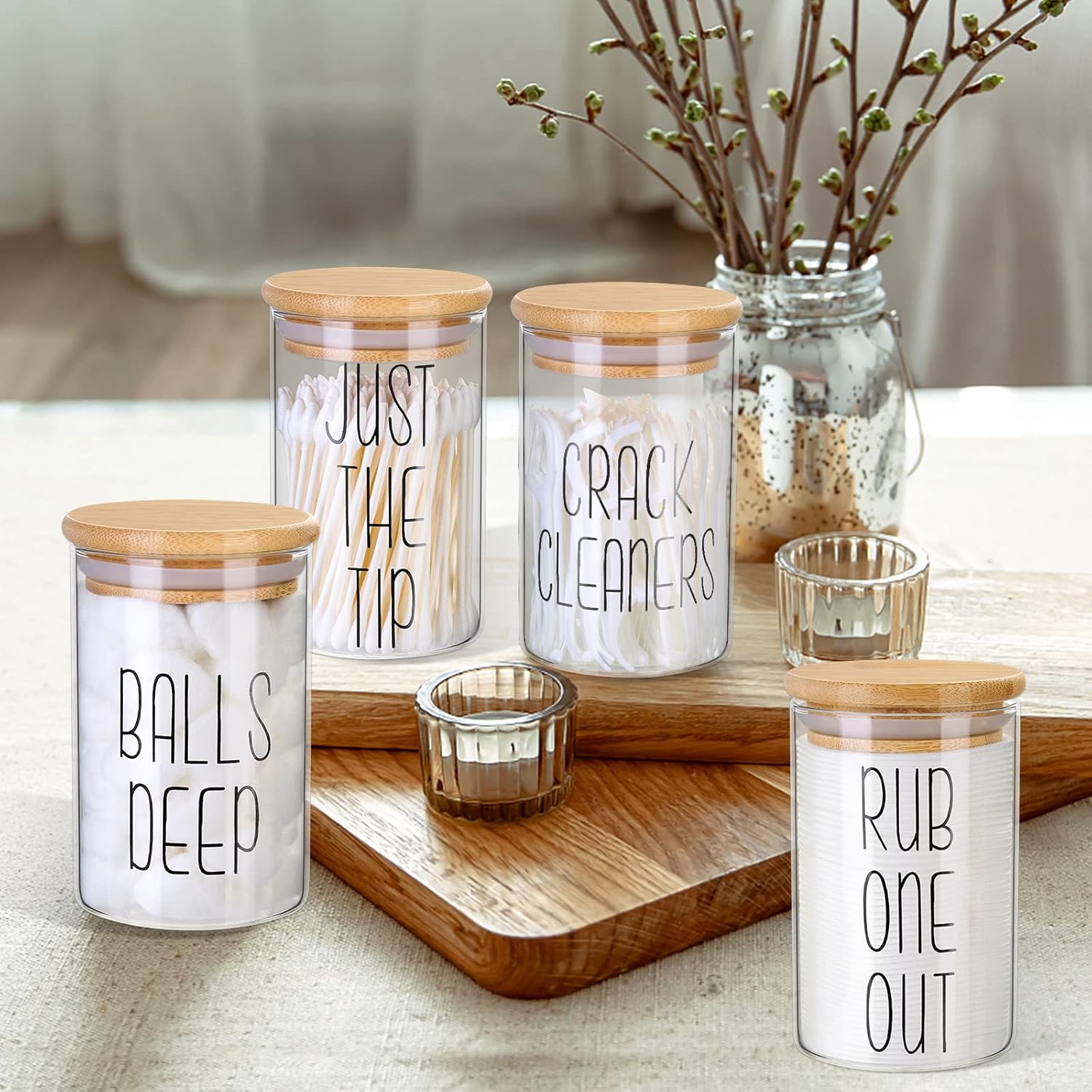 4 Pack Qtip Holder Glass Dispenser with Bamboo Lids for Bathroom Organization, Apothecary Jars for Cotton Ball Holder and Bathroom Canister Storage Great for Cotton Swabs, Balls, Floss, Bathroom Décor: Home & Kitchen