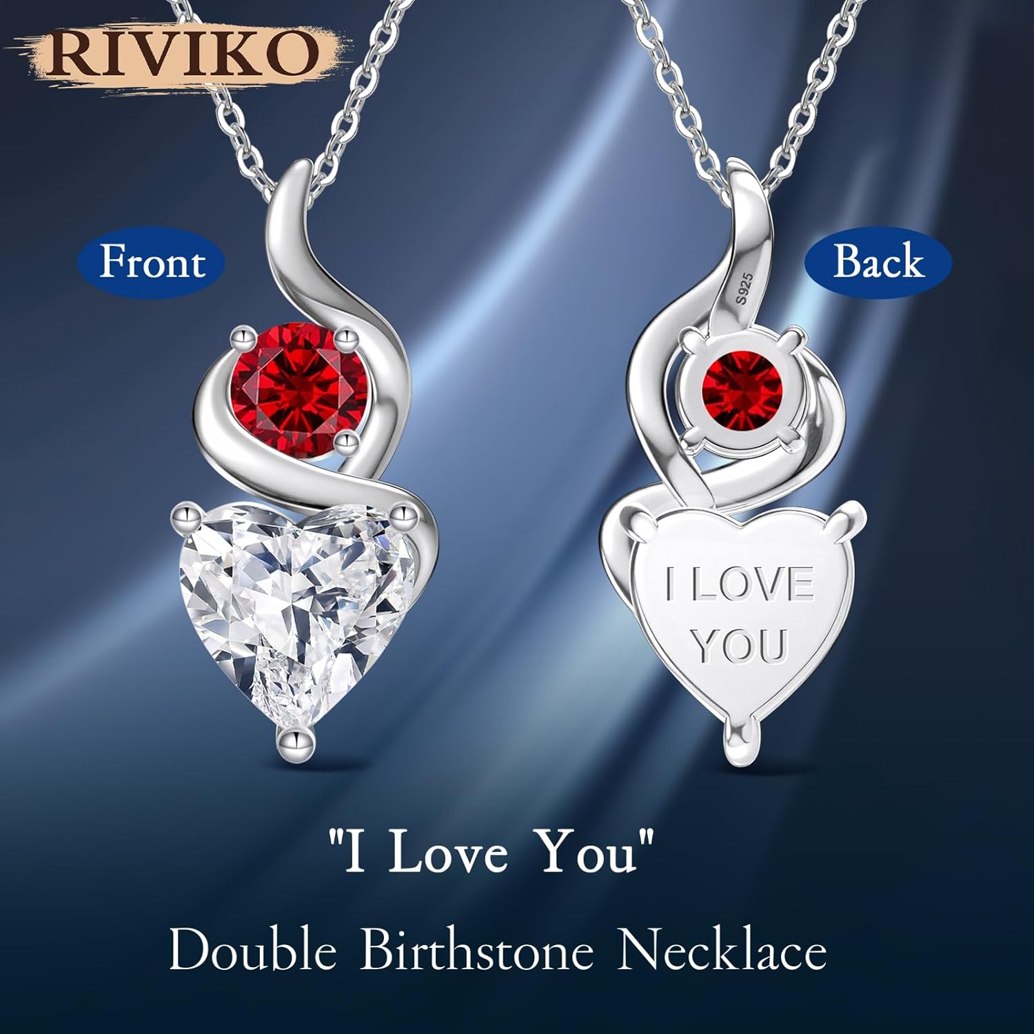 RIVIKO Valentines Day Gifts for Her-Double Birthstone Necklace for Women, 925 Sterling Silver Love Heart Pendant, Birthstone Jewelry Anniversary Birthday Gifts for Women Wife Mom Grandma Her - Image 3
