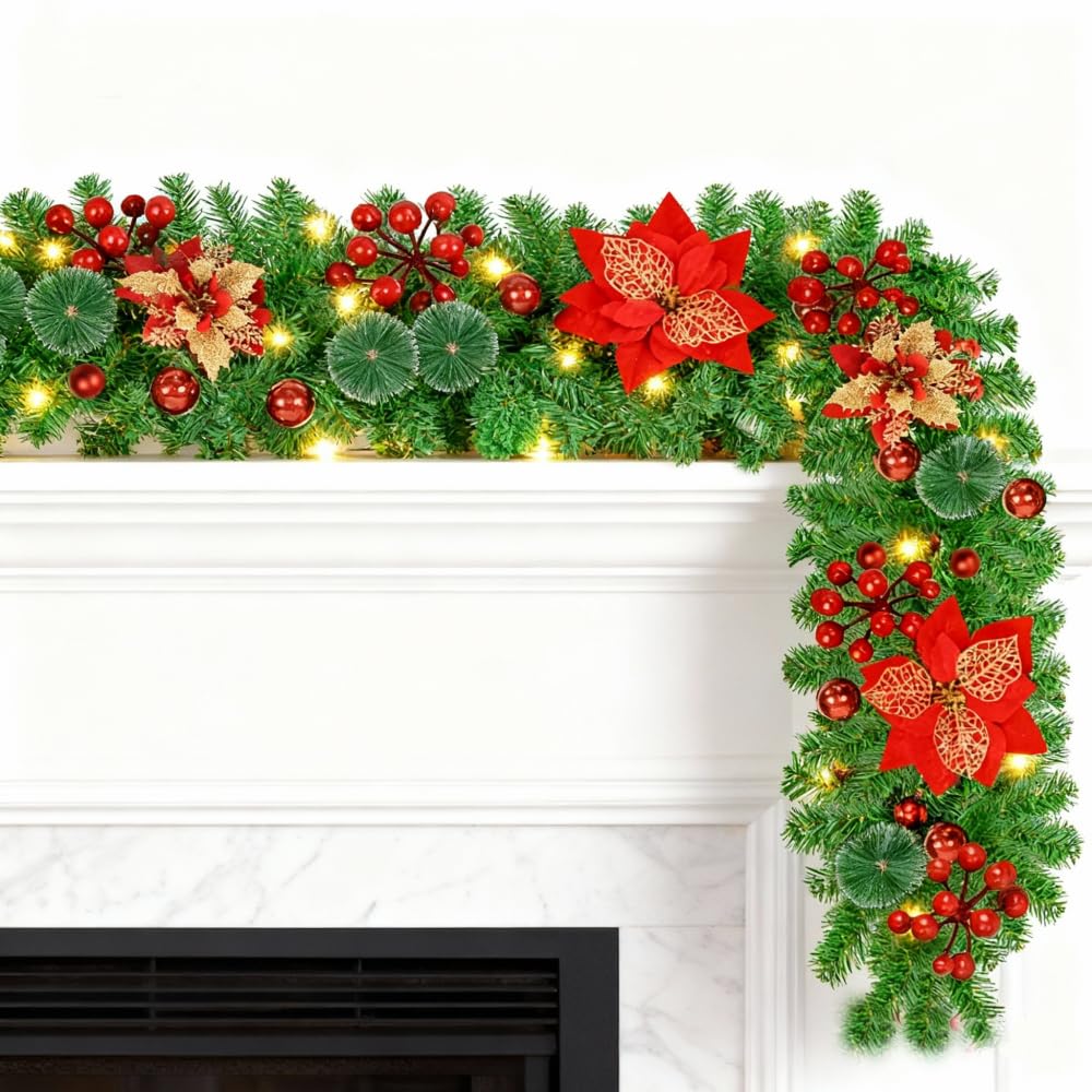 Guirnalda de Navidad 2,7M, 5M 30LEDs Guirnaldas Navideñas con Luces, Rojo Flores y Bolas, decoración navideña para Puertas, Ventanas, chimeneas, escaleras, Patio, Interior y Exterior