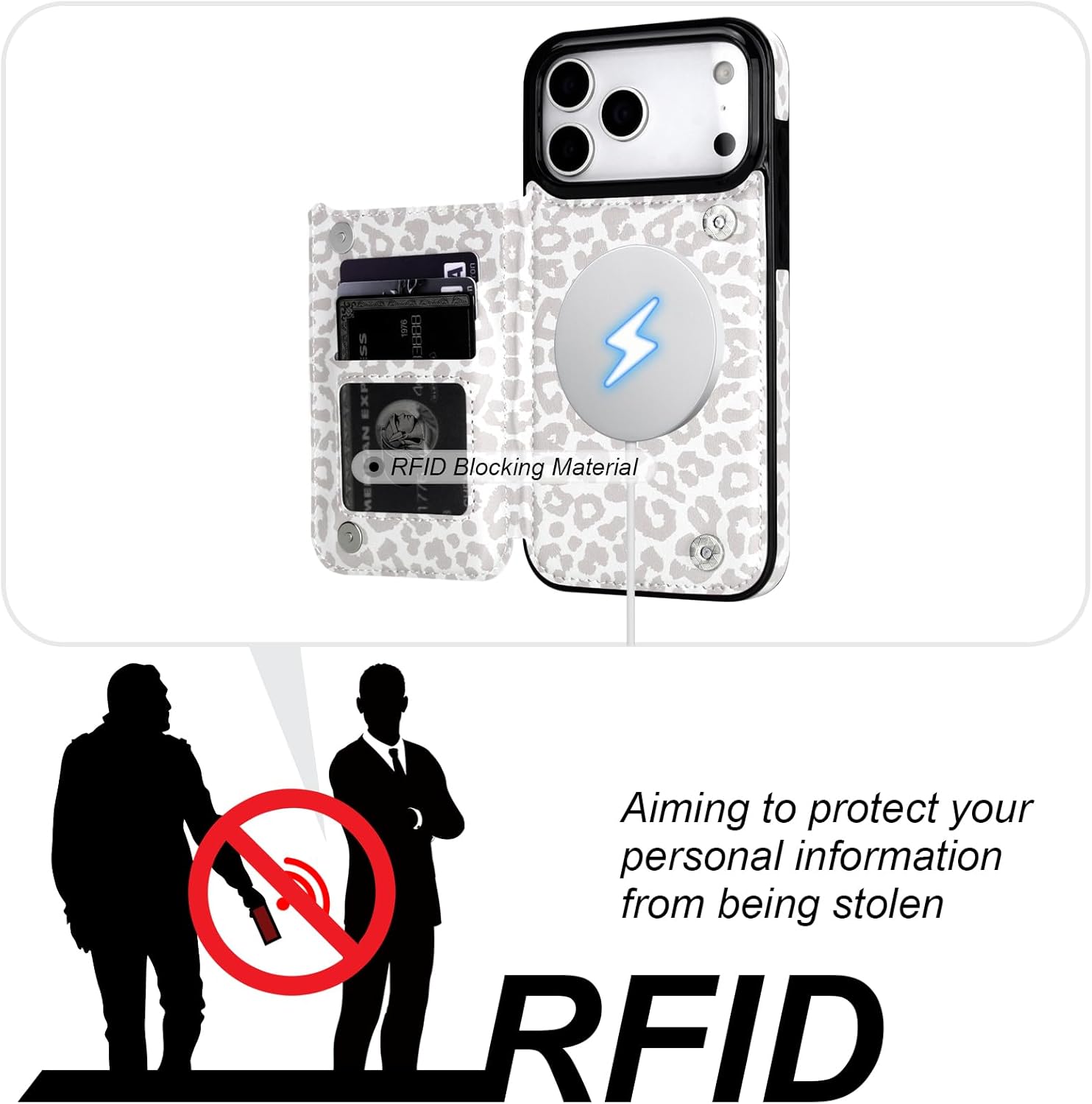 HAOPINSH Wallet Case for iPhone 17 Pro Max,Compatible with MagSafe Wireless Charging, White Leopard Cheetah Pattern Back Flip Folio Leather Kickstand Card Slots Case Double Magnetic Clasp Cover 6.9"