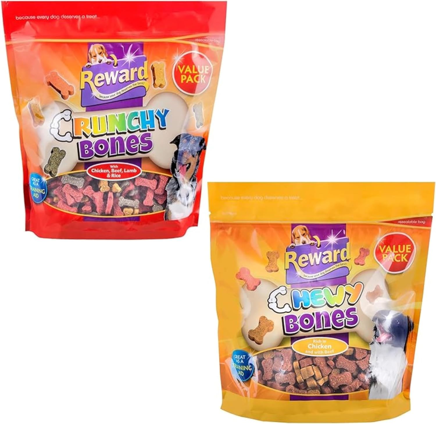 Reward Dog Chewy & Crunchy Bones – Rich in Chicken, Beef, Lamb & Rice – Training Snacks for Dogs, 2 x 700g