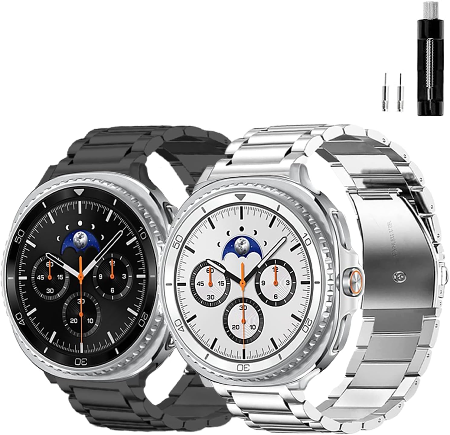 goldtoluck no gap stainless steel band compatible with samsung galaxy watch 8 7 6 5 4 classic fe pro ultra 40mm 44mm 46mm 43mm 47mm 45mm 42mm replacement men women milanese metal elegant casual galaxy 8 40/44mm & 8 classic 46mm carbon black&silver