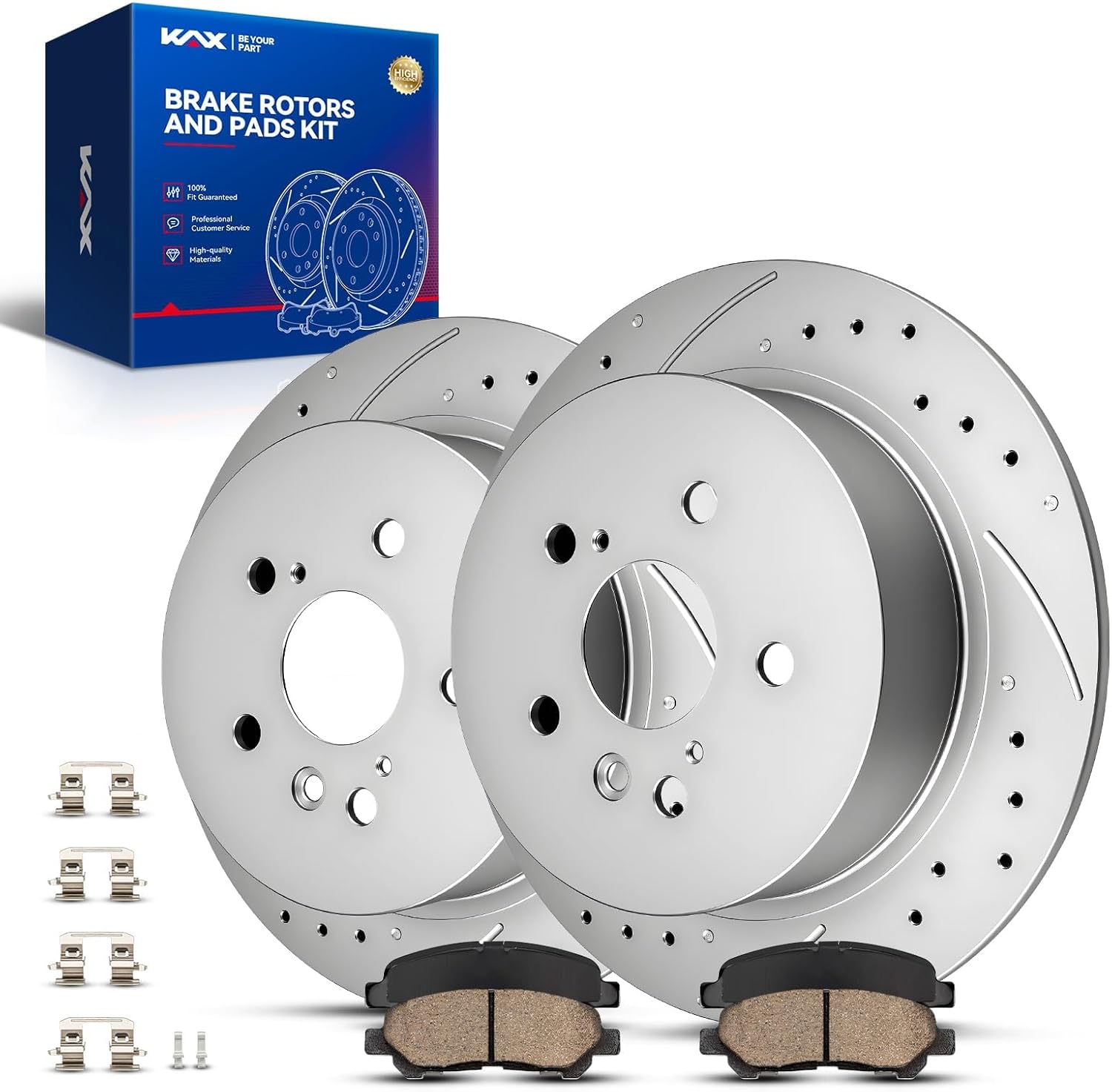 KAX Rear Brake Kit, Drilled and Slotted Brake Rotors, Ceramic Brake Pads | Fits Toyota Highlander 2008-2013, Toyota Highlander 2014 3.5L, Automotive Replacement Brake Kit