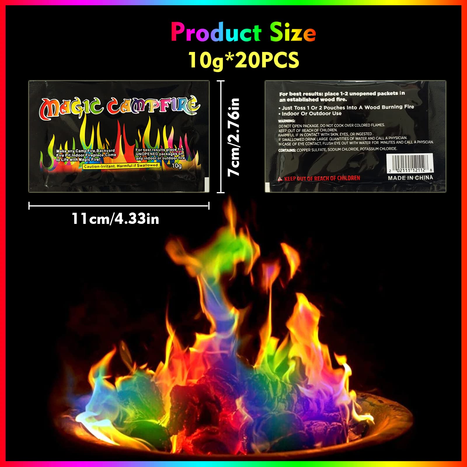 20 Stück Feuerzauber Pulver, Magic Fire, Pulver für Buntes Feuer, Magical Flames für Outdoor-Events, Halloween und Weihnachten, Feuerstellen, Kamine