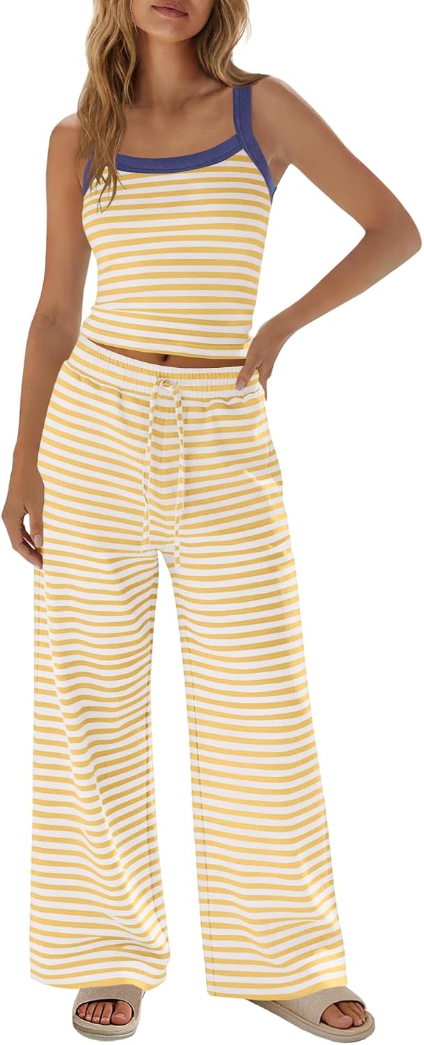 Yanekop Womens 2 Piece Pants Set Summer Striped Matching Lounge Set Sleeveless Casual Sets Vacation Travel Outfits