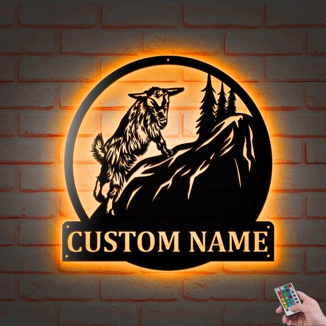 Custom Goat Mountain Metal Wall Art With LED Lights Personalized Goat Livestock Name Sign Home Decor Goat Farmhouse Barn Nursery Decoration