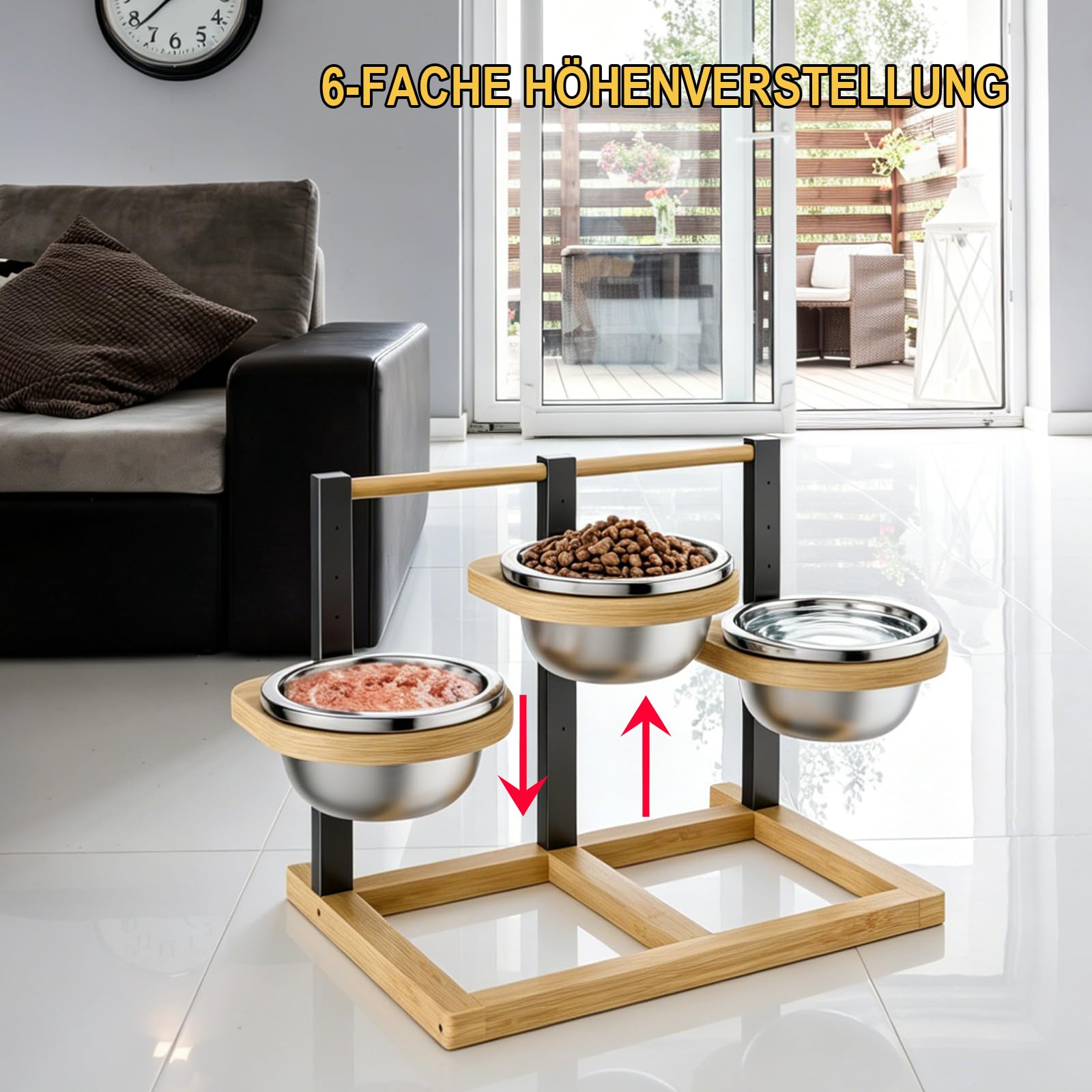 Gamelle surélevée réglable pour Chien, mangeoire en Bambou et métal avec 6 hauteurs réglables de 10 à 30 cm, 3 Bols INOX 304 de 1400 ML, Support Ergonomique pour Chiens Moyens et Grands