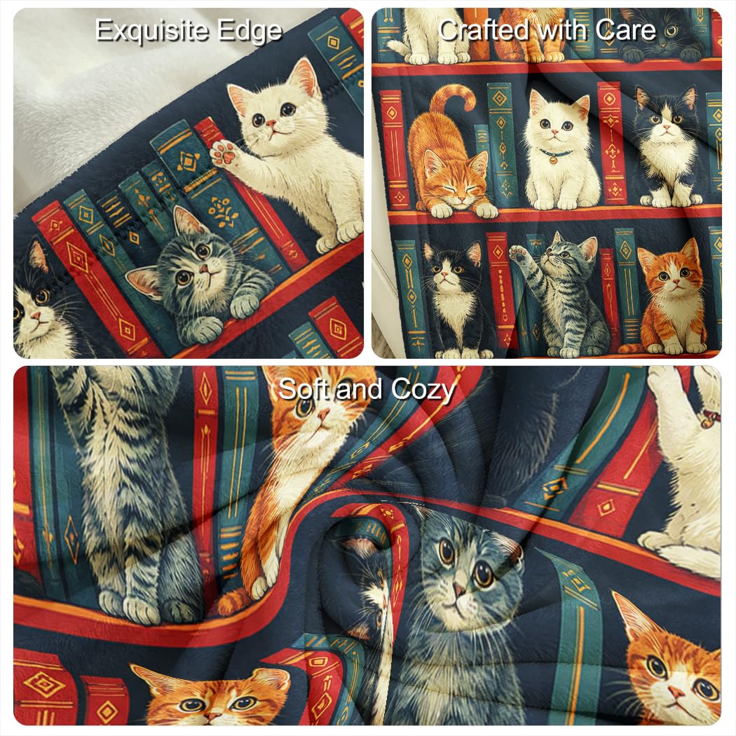 Zomer Morbida coperta in flanella, 150 x 200 cm, stile vintage, libreria, motivo gatti, morbida coperta da lettura, per amanti dei libri, per compleanno, Natale