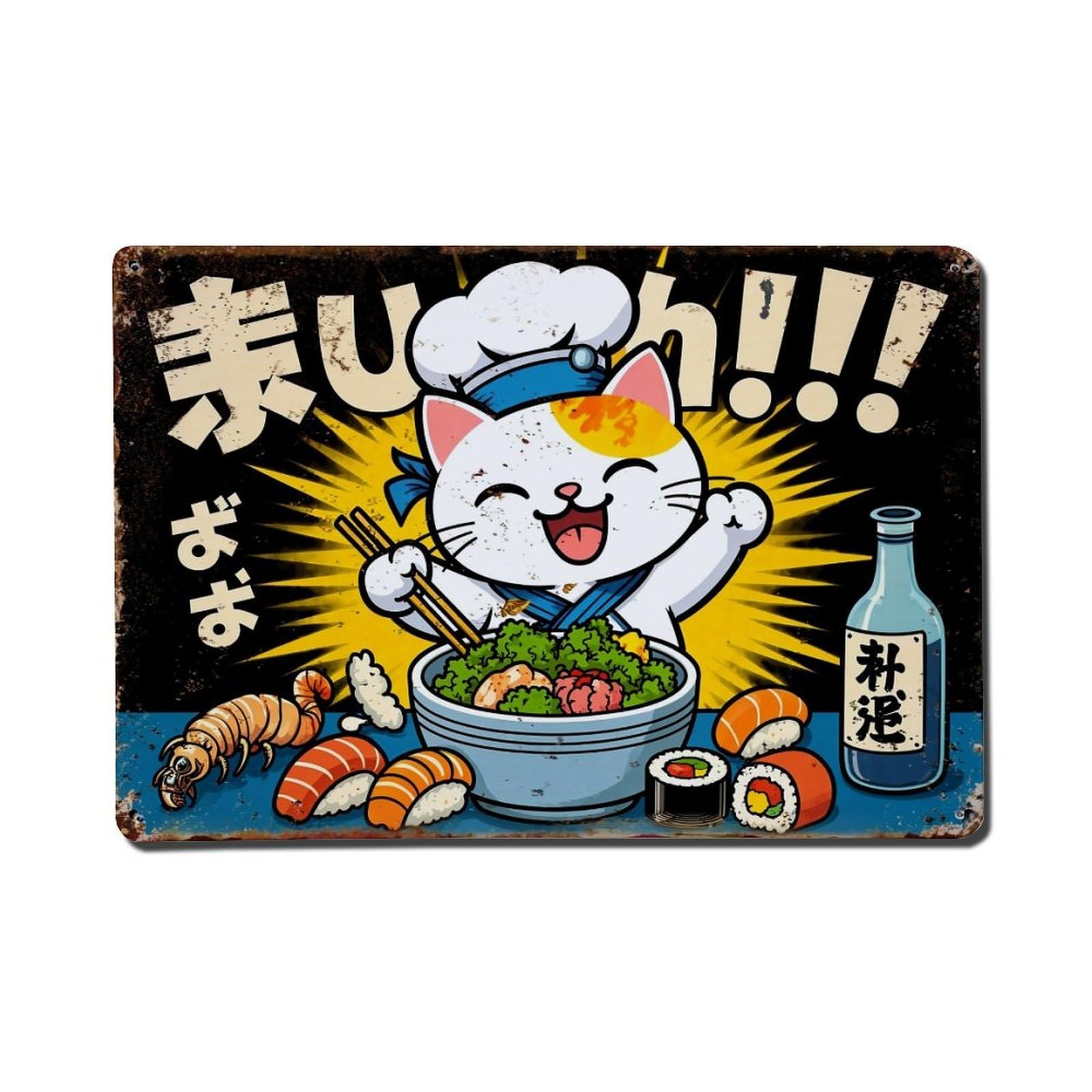 Chef Cat Sushi Feast Joyful Metal Tin Sign Plaque