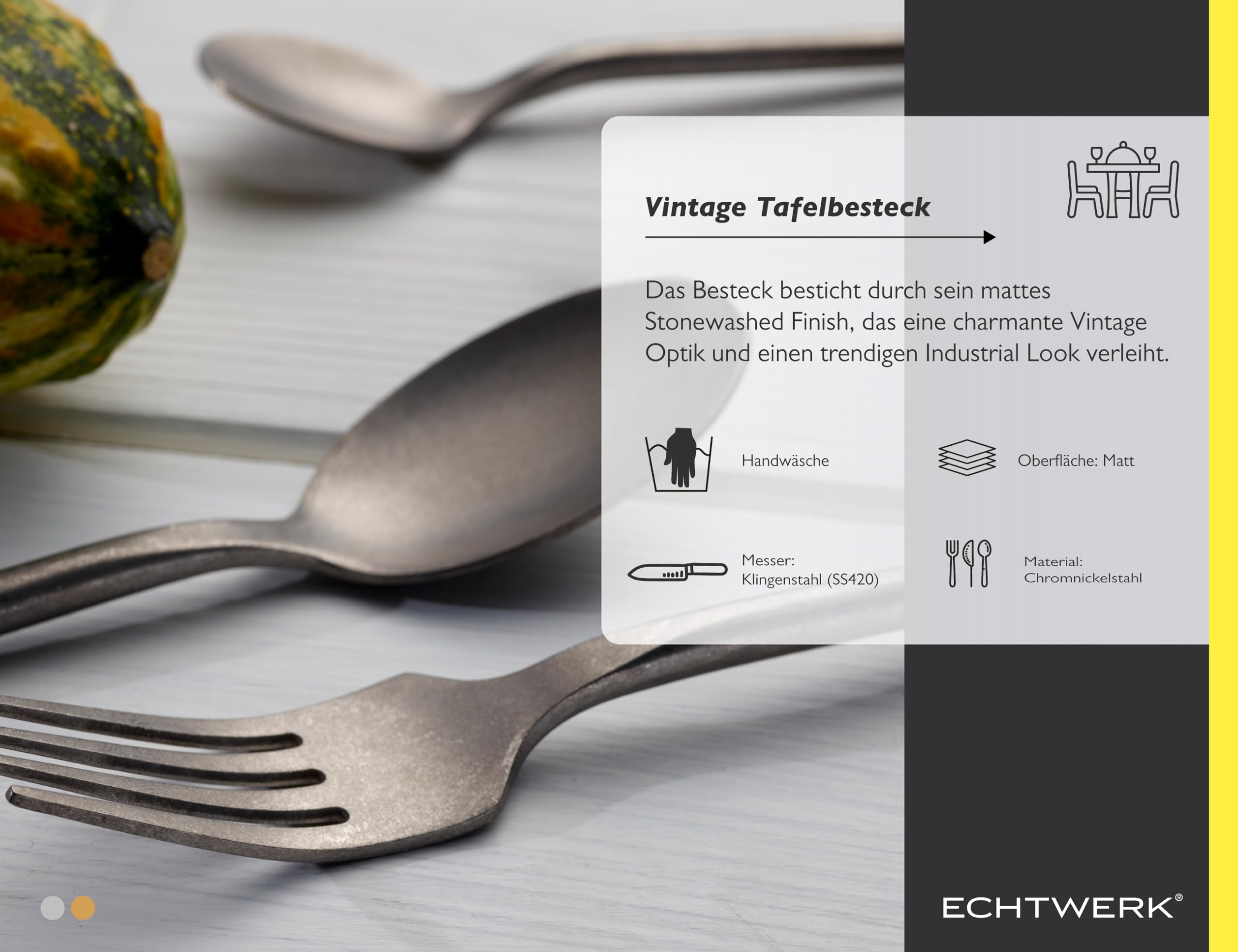 ECHTWERK Posate da tavola Malou, argento stonewashed, 16 pezzi, posate per fino a 4 persone, acciaio inox di alta qualità, acciaio cromato-nickel