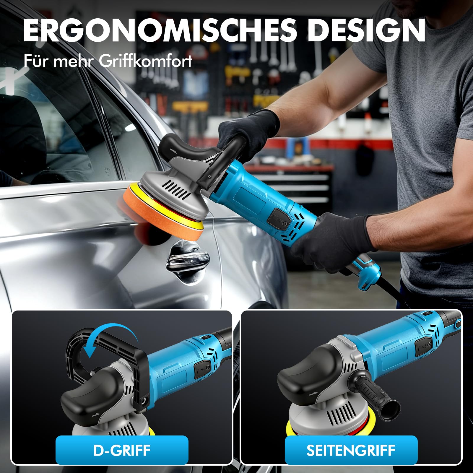 Poliermaschine Auto Professional Set, 150mm 1200W Exzenter Poliermaschine, 8 Geschwindigkeiten1000-4200RPM, 2M Kabel, Abnehmbarer D-Griff und Seitengriff, zum Polieren von Auto, Möbeln