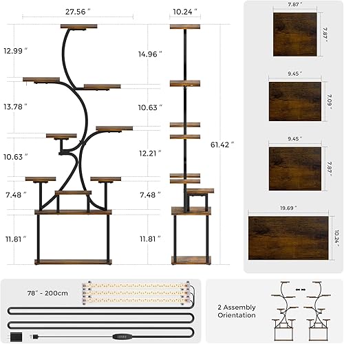 Miniatura 6 de Soporte curvo para plantas de 9 niveles, estante alto de metal y madera para plantas de interior con diseño arqueado único, soporte para macetas de