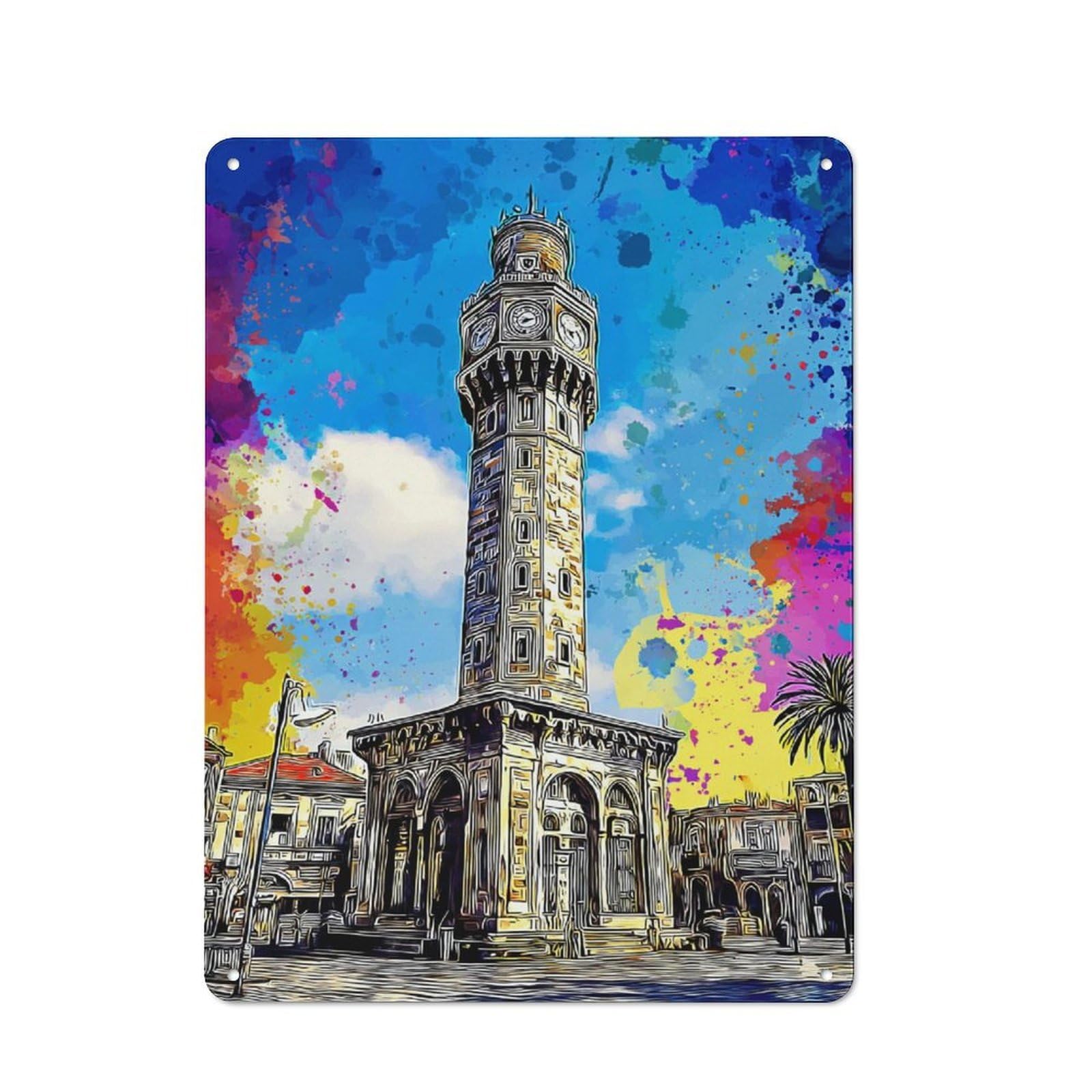 Retro Metal Sign 40x30cm Featuring Colorful Cityscape with Clock Tower, Home Bar Decor for Pub, Home Bar, Shed Or Man Cave
