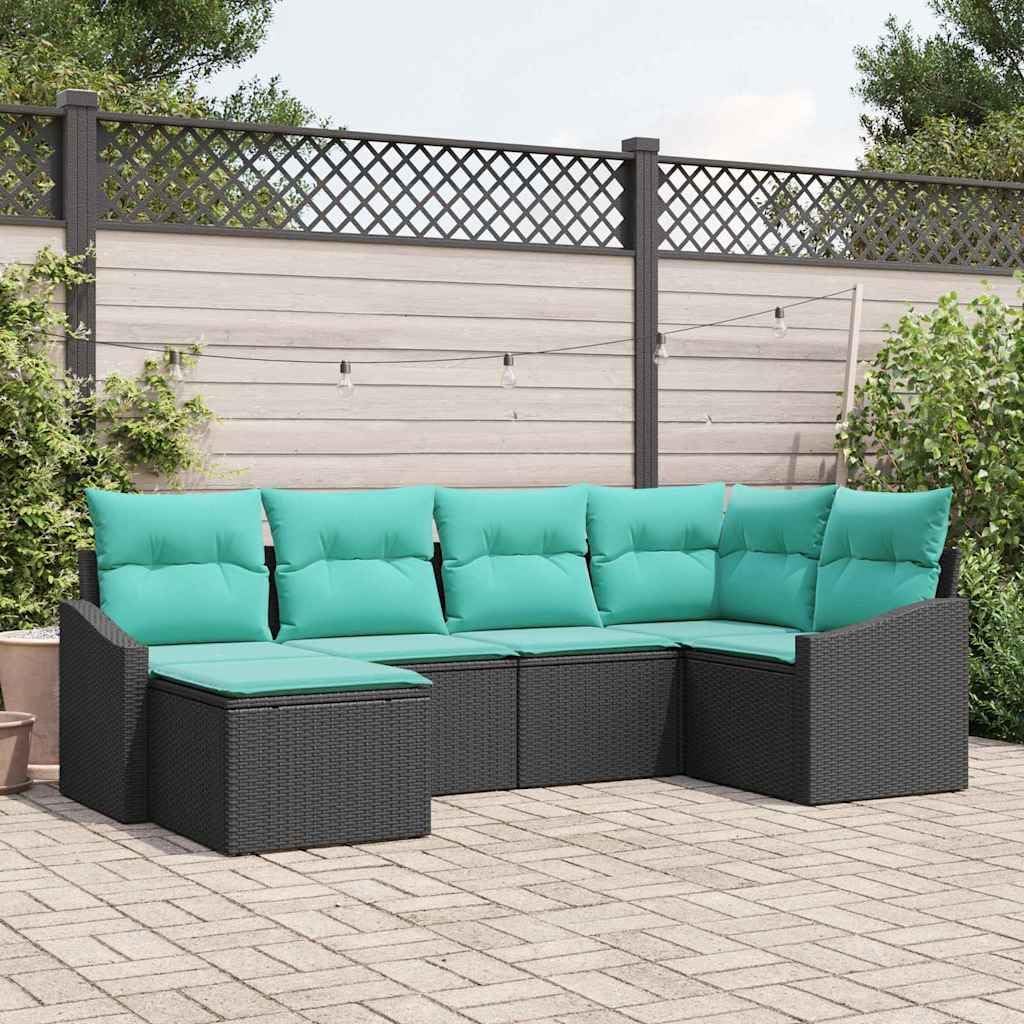 Sofa Set with Cushion 6 pcs Black and Turquoise Poly Rattan Outdoor sectional Sofa Patio Furniture Garden Seating Set with Comfortable Cushions and Easy Assembly for Backyard Poolside use