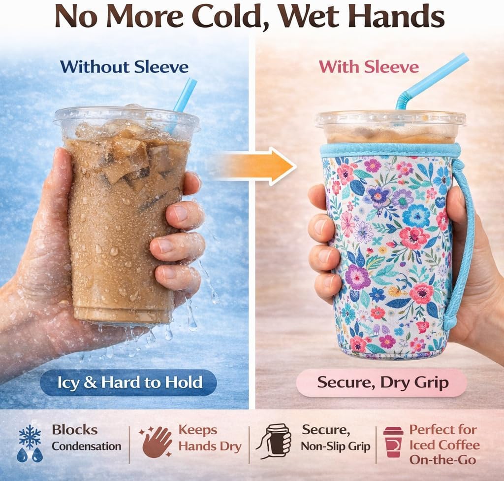 3 Pack Reusable Iced Coffee Sleeves for Iced Coffee Cups or Drinks Reusable Neoprene Insulated Sleeves for Hot and Cold Drinks from Starbucks, Dunkin, And More (White Flower Bush) - Image 3